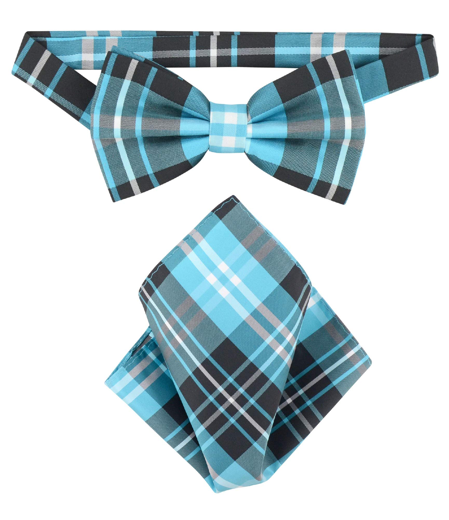 Vesuvio Napoli BowTie Black Turquoise White Plaid Mens Bow Tie & Handkerchief