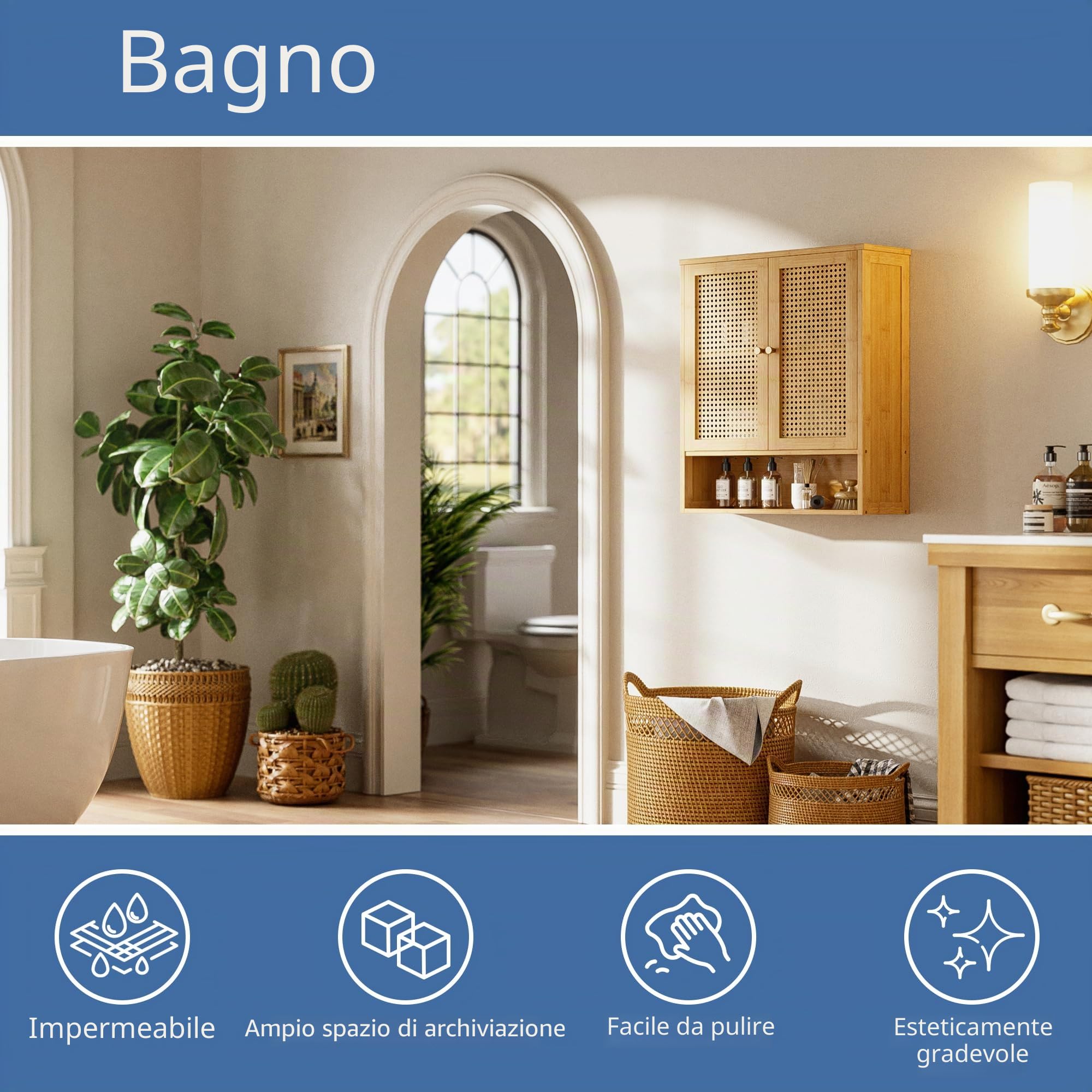 HITNET Mobile Bagno Sospeso in Rattano, Armadietto da muro bagno in Bambù con Ante Doppie e Ripiani Regolabili, Archiviazione sopra il Water per Cucina, Soggiorno, Lavanderia, Naturale‌