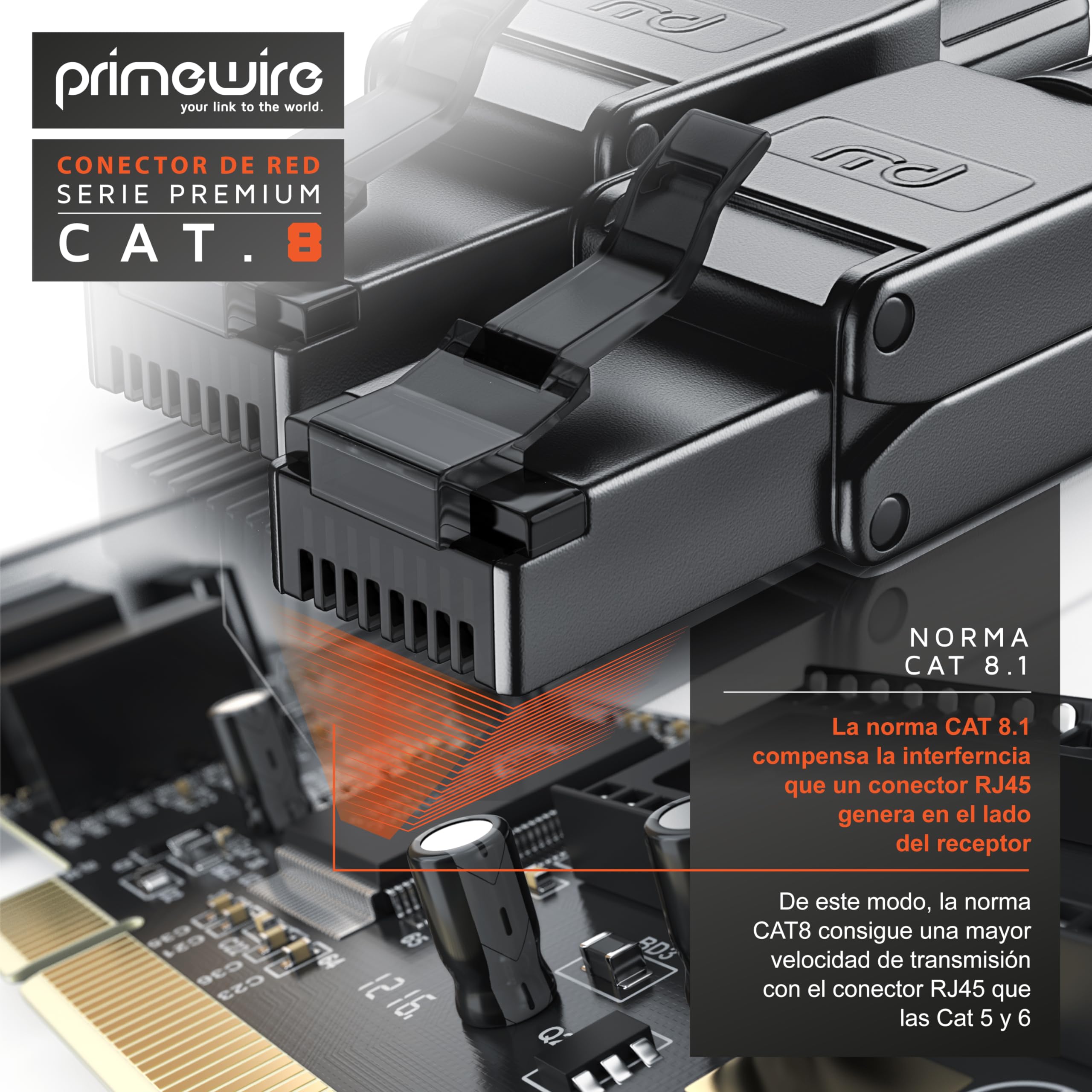 Primewire - 8X Conectores de Red Ethernet RJ45 Cat 8 Cat 7 Cat 6 - Cable LAN blindado 40 GBit/s 2000 MHz – Contactos Dorados - Conector crimpado para Cables de Red - Instalación sin Herramientas