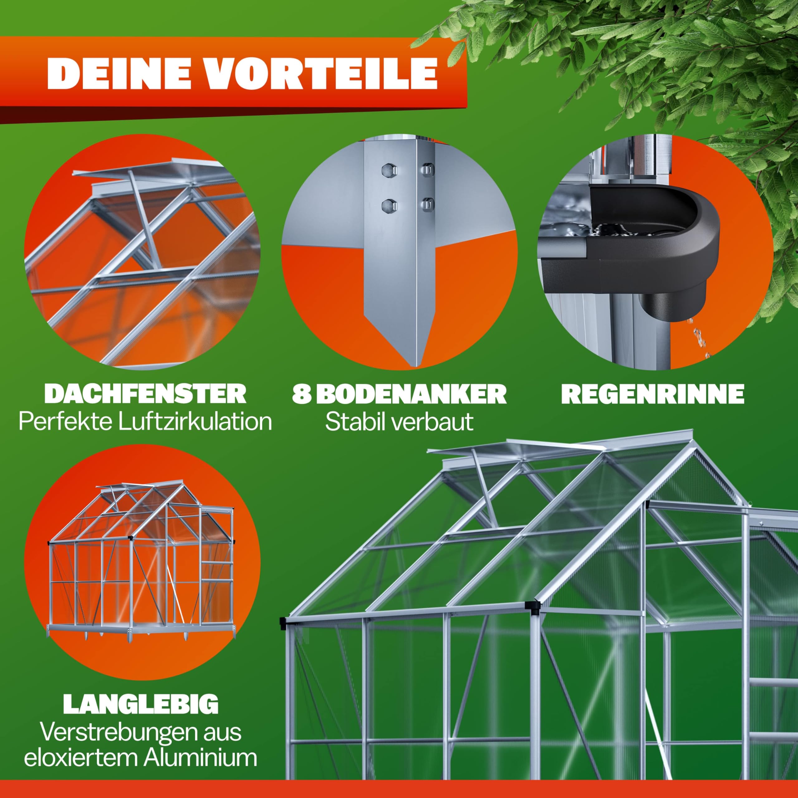 GARDEBRUK® Gewächshaus Aluminium 3,6m² mit Fundament 190x190cm inkl. Dachfenster Tomatenhaus Treibhaus Anzuchthaus Garten Frühbeet Aufzucht 5,8m³