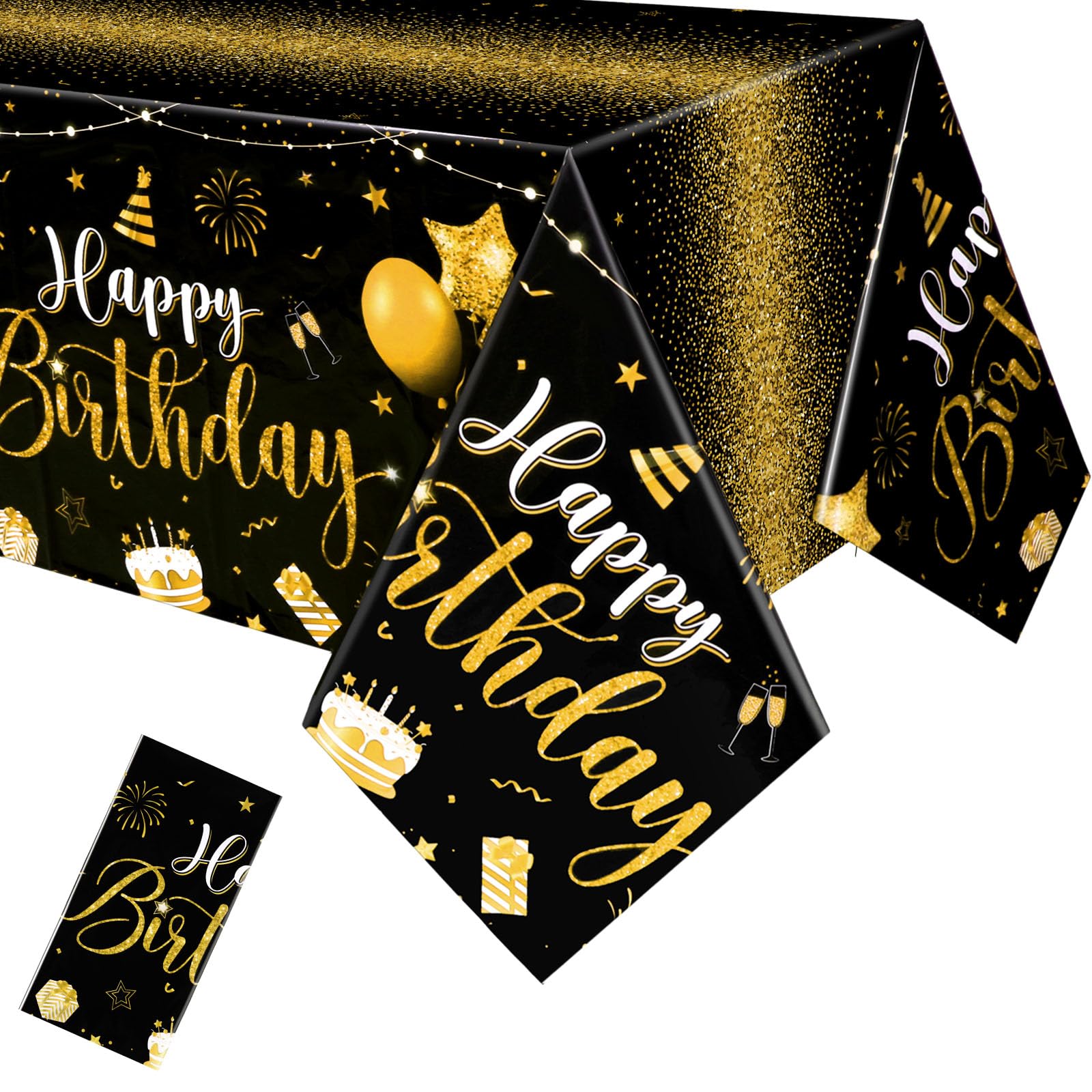 Tudomro 3 Pcs Happy Birthday Tablecloths Happy Birthday Party Decorations Plastic Table Cover Rectangular Cloths for Women Men Baby Shower Party Supplies, 108 x 54 Inch (Black Gold)