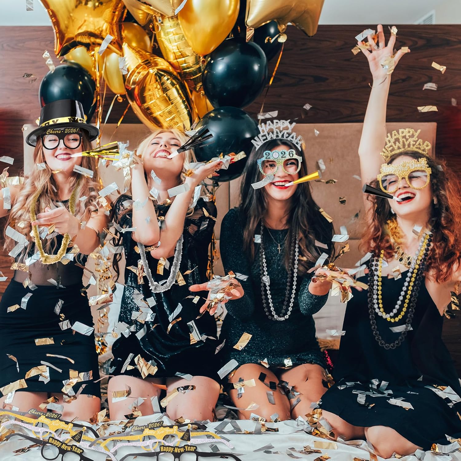 204 Pcs 2026 New Year's Eve Party Supplies for 50 Guests Includes Top Hats Cone Hats Tiaras Glasses Horns Squawkers Blowouts Bead Necklaces Lei Necklace Happy New Year Party Favors - Image 6