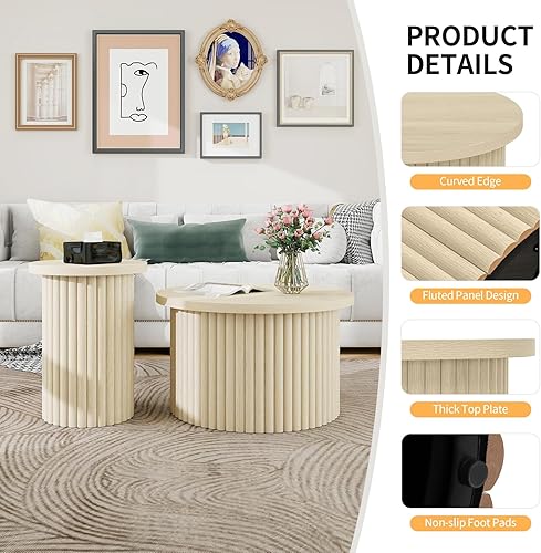 Miniatura 3 de Juego de 2 mesas auxiliares redondas de roble y mesa auxiliar, moderna de mediados de siglo, mesa central circular de madera para sala de estar,