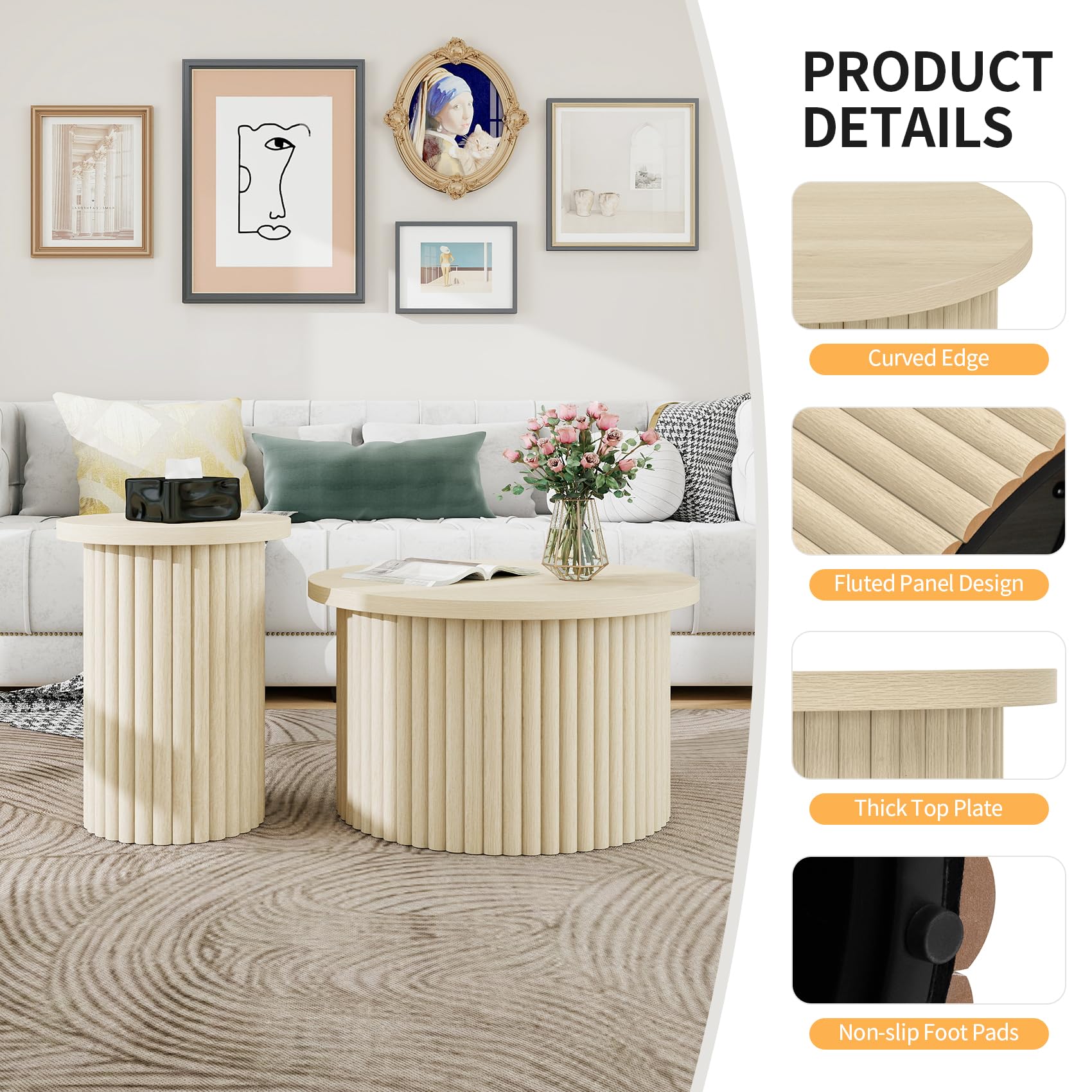 Modernes 2er Set runder Couchtische mit Wellenförmigem Design und Holzmaserung, Naturfarbe – Stilvolle Beistelltische für Wohnzimmer, Schlafzimmer, Arbeitszimmer, Balkon