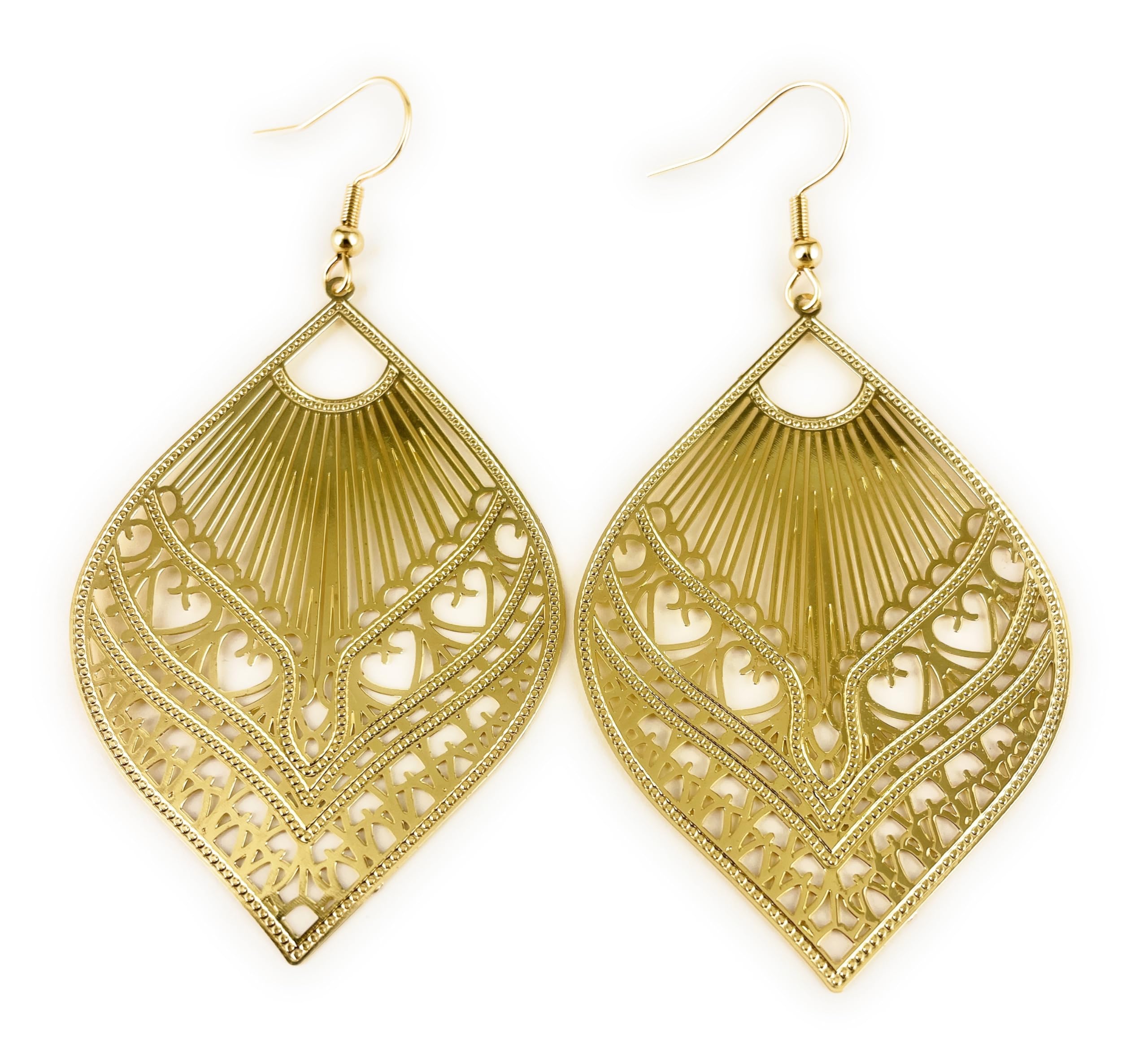 Gold teardrop earrings cut out filigree scroll oval 3" long Very lightweight dangle earrings