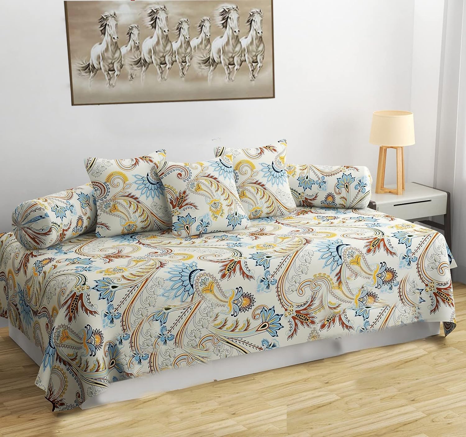 IVAZA 160 TC Diwan Set Glace Cotton 6 Pcs | Deewan Printed Bedsheet Set for Living Room Hall (1-Bed Sheet 60 x90 Inch | 2-Bolster Cover 16x32 Inch | 3 Cushion Cover 16x16 Inch) Cream Jaipuri-image-49