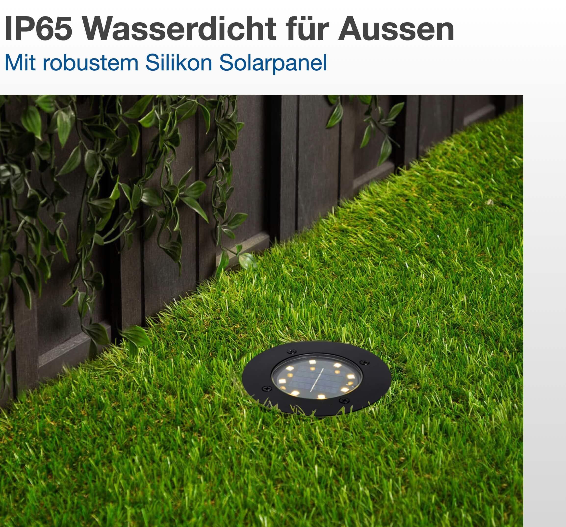 lambado 6er Set LED Solar Bodenleuchten Außen Schwarz matt | Hochwertige Bodenstrahler Wetterfest IP65 Ø12cm | Bodeneinbaustrahler mit 8 SMD LEDs Warmweiß 3000K