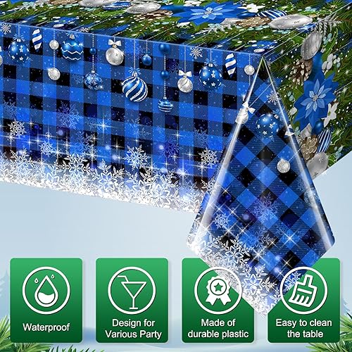 Miniatura 3 de 3 manteles de Navidad con diseño de copos de nieve, de plástico, color negro y azul, rectangular, para invierno, Navidad, Año Nuevo, decoración de