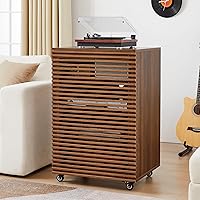 LEVNARY 5-Tier Walnut AV Media Cabinet with Grille Door, Adjustable Shelves, Cable Management & Wheels - Modern Stereo Rack for Living Room, Gaming, Studio
