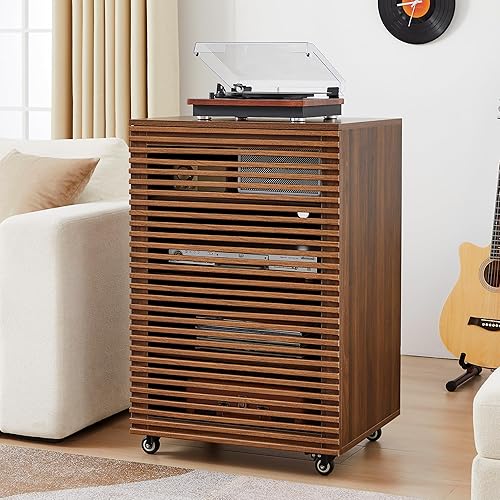 LEVNARY Gabinete multimedia AV de 5 niveles con puerta de rejilla y estantes ajustables, moderno estante estéreo de madera con gestión de cables y