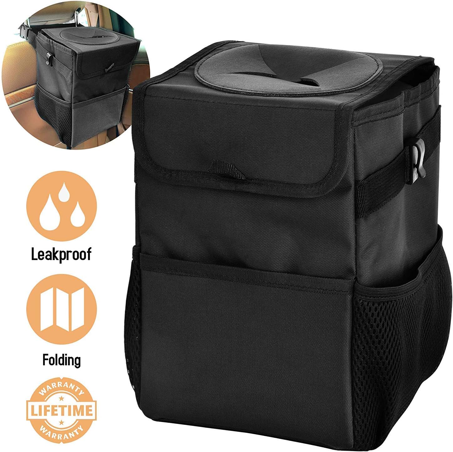 DIZA100 Car Bin, Auto Trash Bag Oxford with Lid and Side Pocket, 100% Leak-Proof Vinyl Inside Lining, Universal Car Accessories Organizer for Auto/SUV/Truck/Minivan