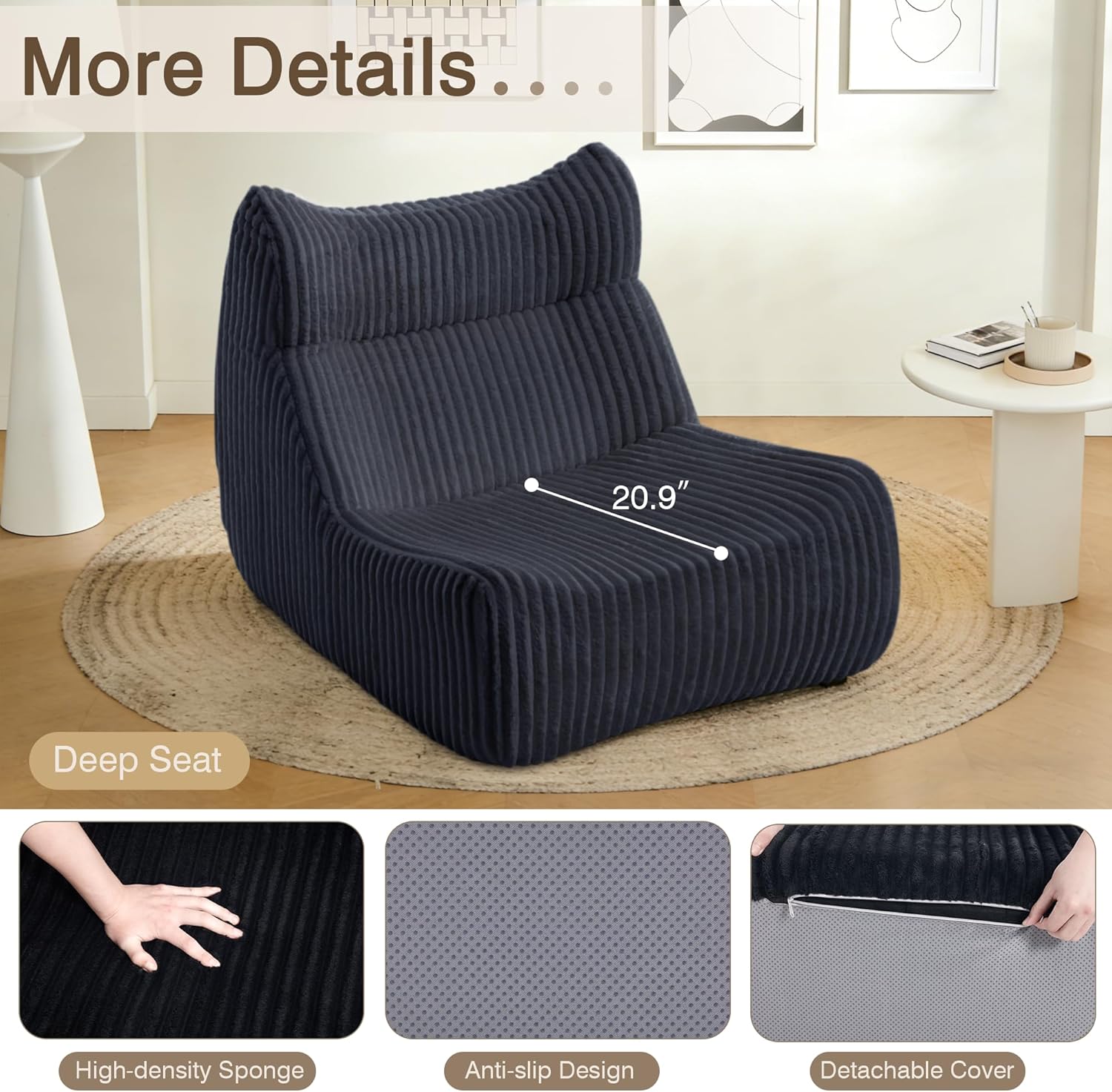 Lazy Floor Sofa, Big Bean Bag Chairs, Fireside Chair for Living Room, Bedroom, Office (Black, Single Seat)