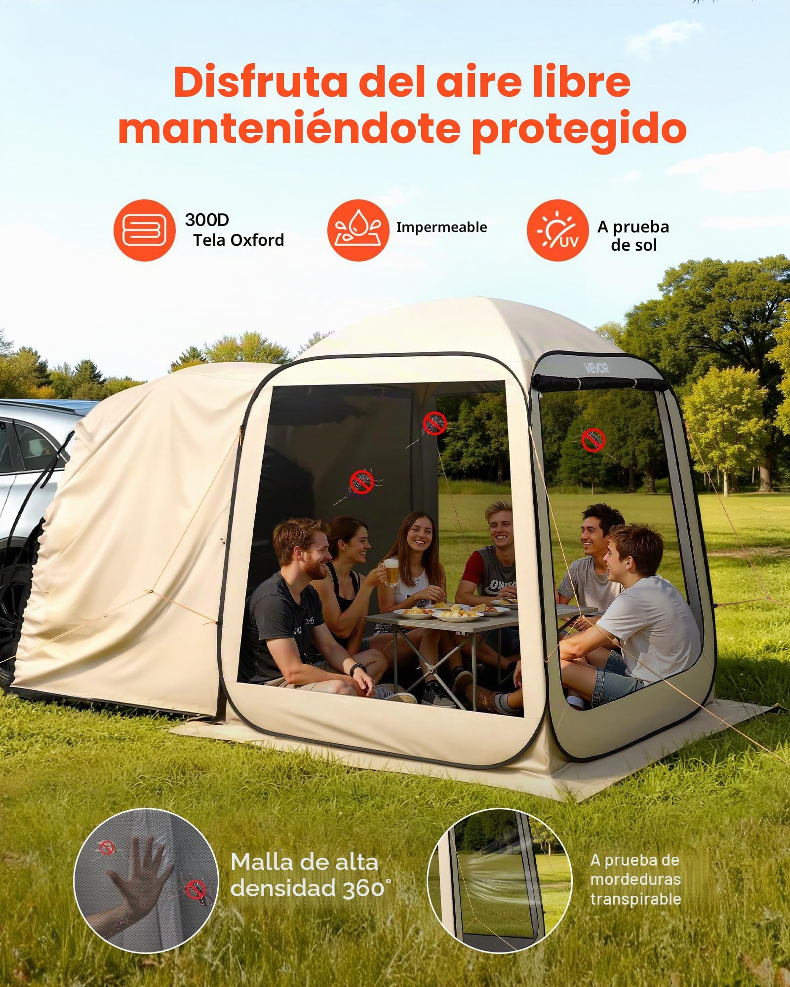 VEVOR Tienda de Campaña con Mosquitera, 1825 x 1825 x 2200 mm, 4-6 Personas, Plegable, para Portón Trasero SUV, con Bolsa de Transporte, Laterales de Malla, para Actividades al Aire Libre, Beige