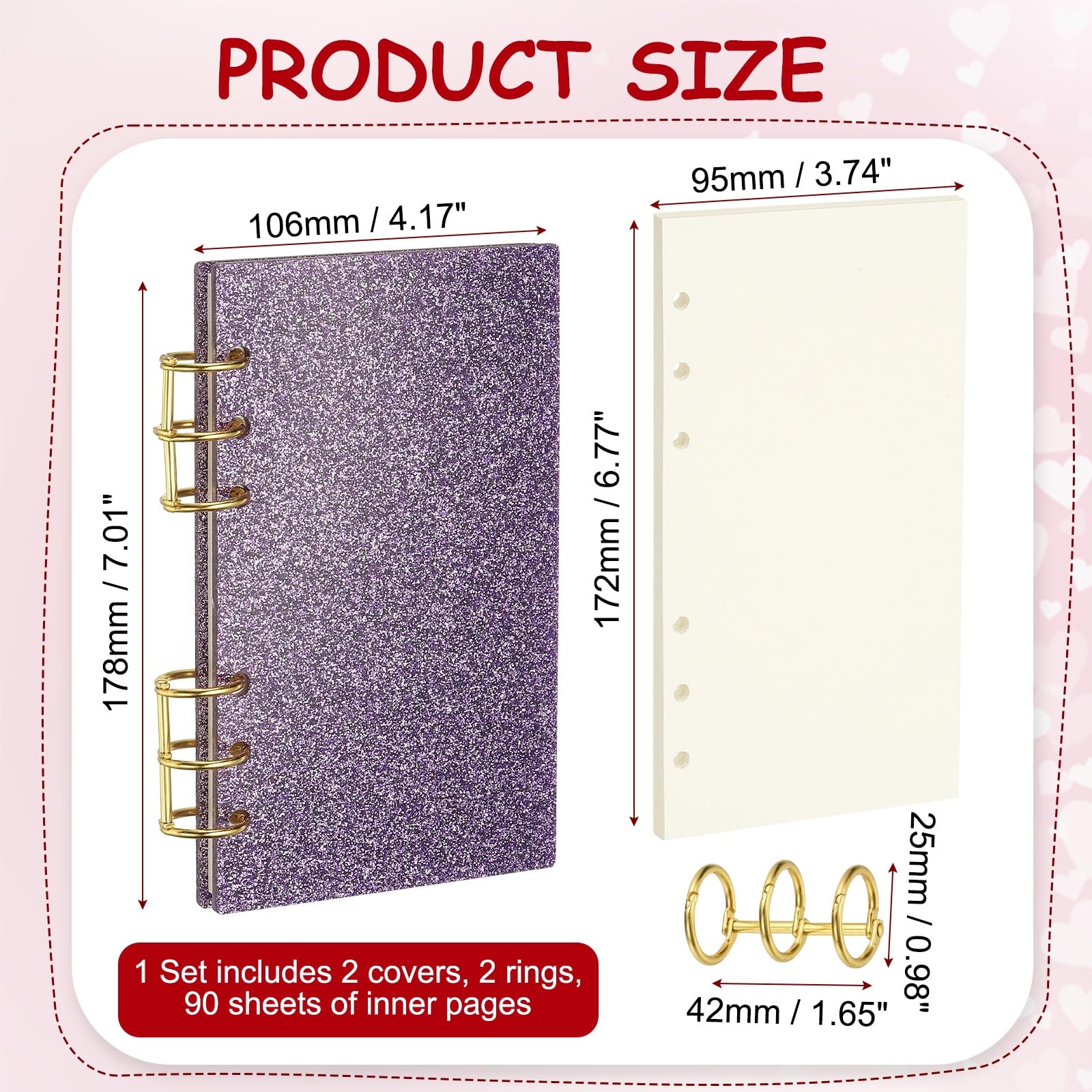 PATIKIL 6 Ring Binder Notebook Cover, A6 Glitter Acrylic Binder Notebook 2 Gold Metal Round Rings with 90 Sheets Blank Inner Papers for Travel Office Planner Budget, Purple - Image 2