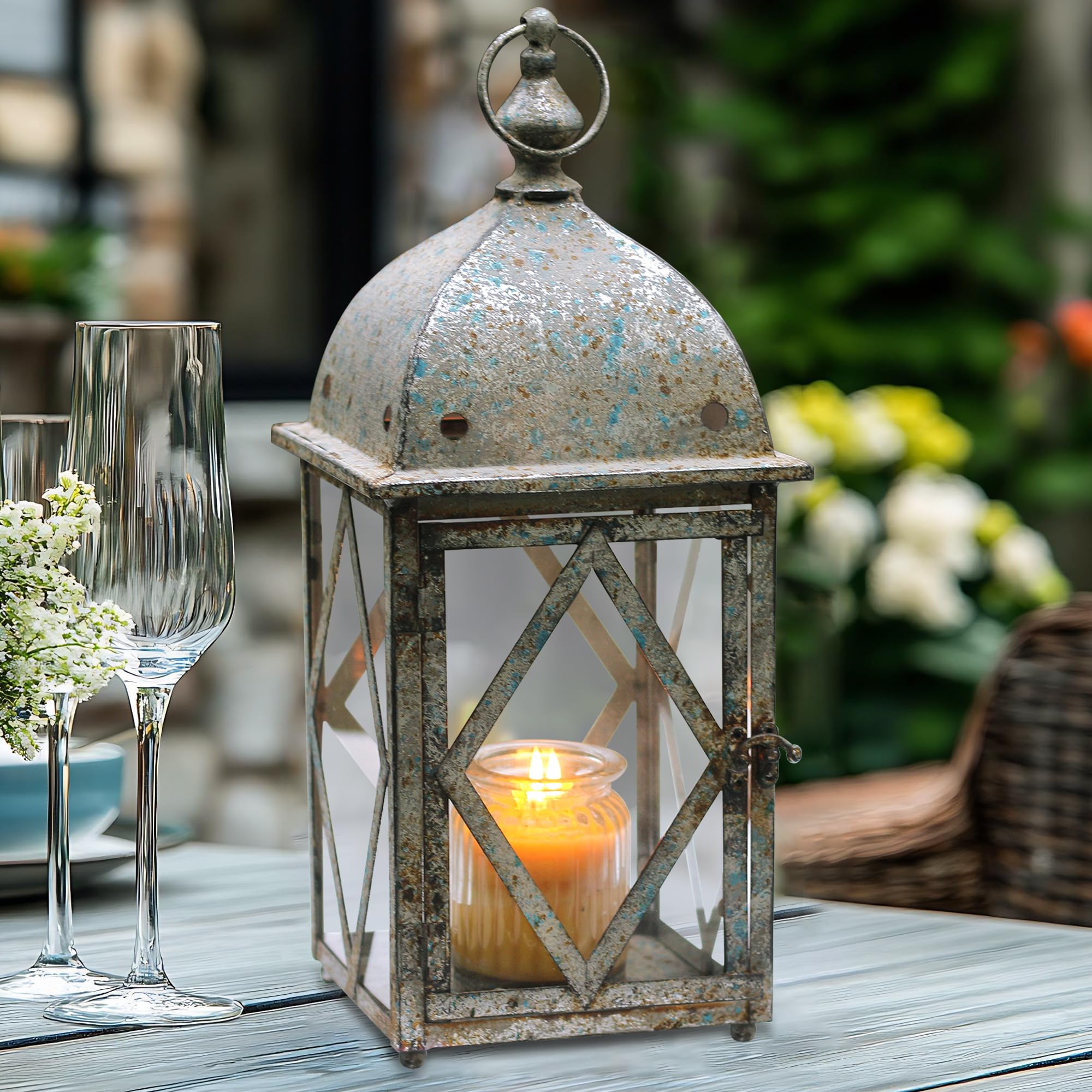 Rustic Farmhouse Vintage Metal Lantern Floor & Wall Hanging Candle Lantern, Distressed Decor Lanterns for Front Porch Tabletop Mantle Patio Garden Display (Blue)
