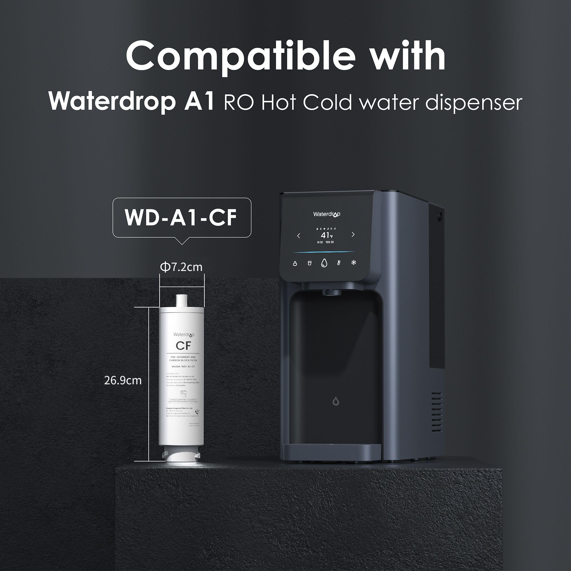 Waterdrop WD-A1-CF Filtro, Ricambio per l'Erogatore di Acqua Calda e Fredda a Osmosi Inversa WD-A1, Durata di 6 Mesi