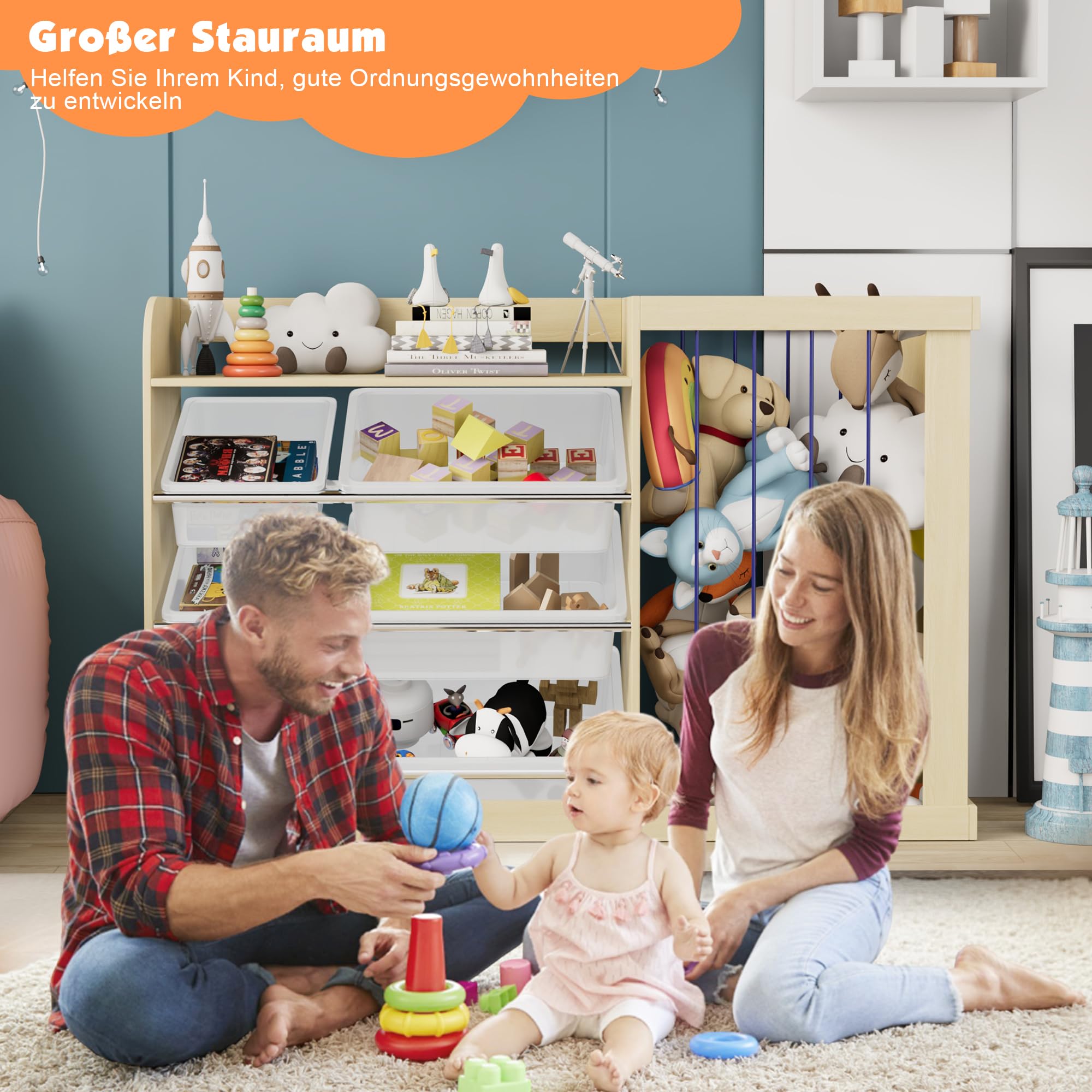 KEEPREAPER 2 in 1 Kinderregal mit 6 Aufbewahungsbox aus Kunststoff und offenem Fach, Spielzeugtruhe aus Holz, Spielzeug Aufbewahrung, Spielzeugregal für Kinderzimmer, 122x34x80cm (Natur)