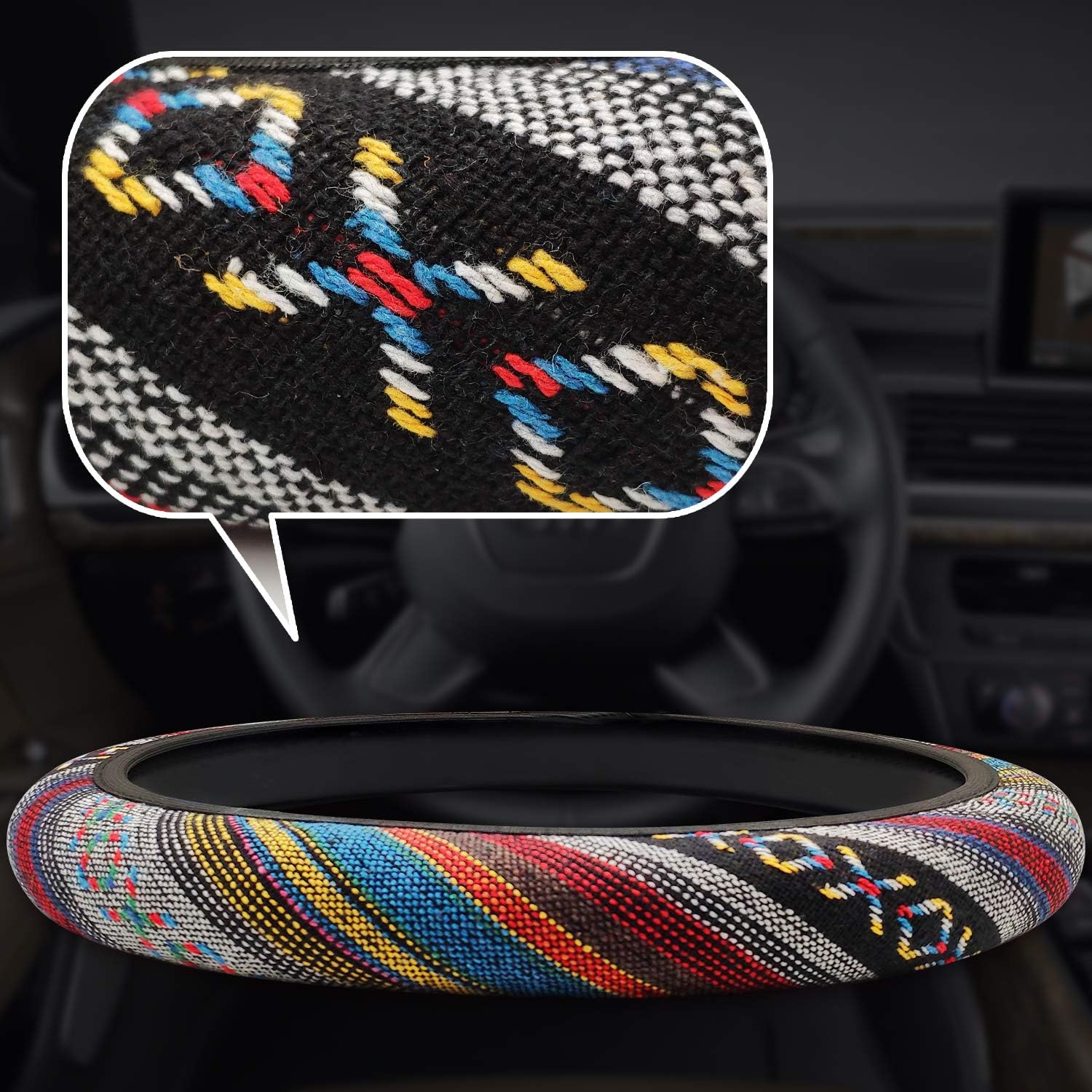 NICEASY 14.5-15 inch Rustic Style Gray-Main Colorful Soft Cloth Steering Wheel Cover for Woman,Girl