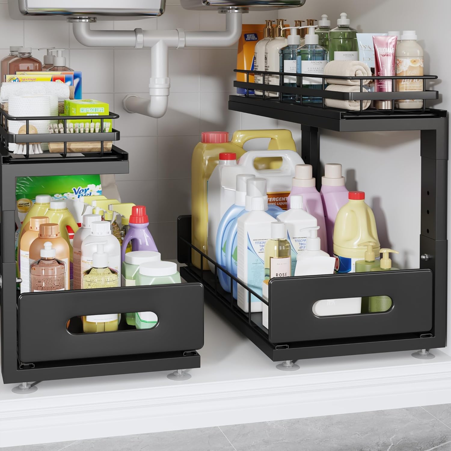 2 Pack 18 IN Depth Under Sink Organizer with Smooth Ball Bearing Slides,2-Tier Pull Out Cabinet Storage,Slide Out Drawers for Bathroom&Kitchen,Rust-resistant Coating,Height Adjustable-Black 2 Pack-18.5"Dx12.8"-16.9"H Black