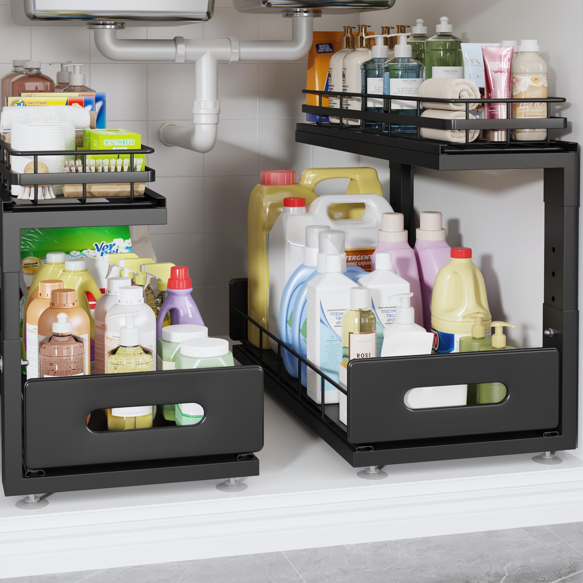 Under Sink Organizer Upgrade To Professional Rails,2-Tier Dual Pull Out Cabinet Storage,Height Adjustable Slide Out Drawers For Bathroom Kitchen,2 Pack-18.5"Dx12.8"-16.9"H,Black