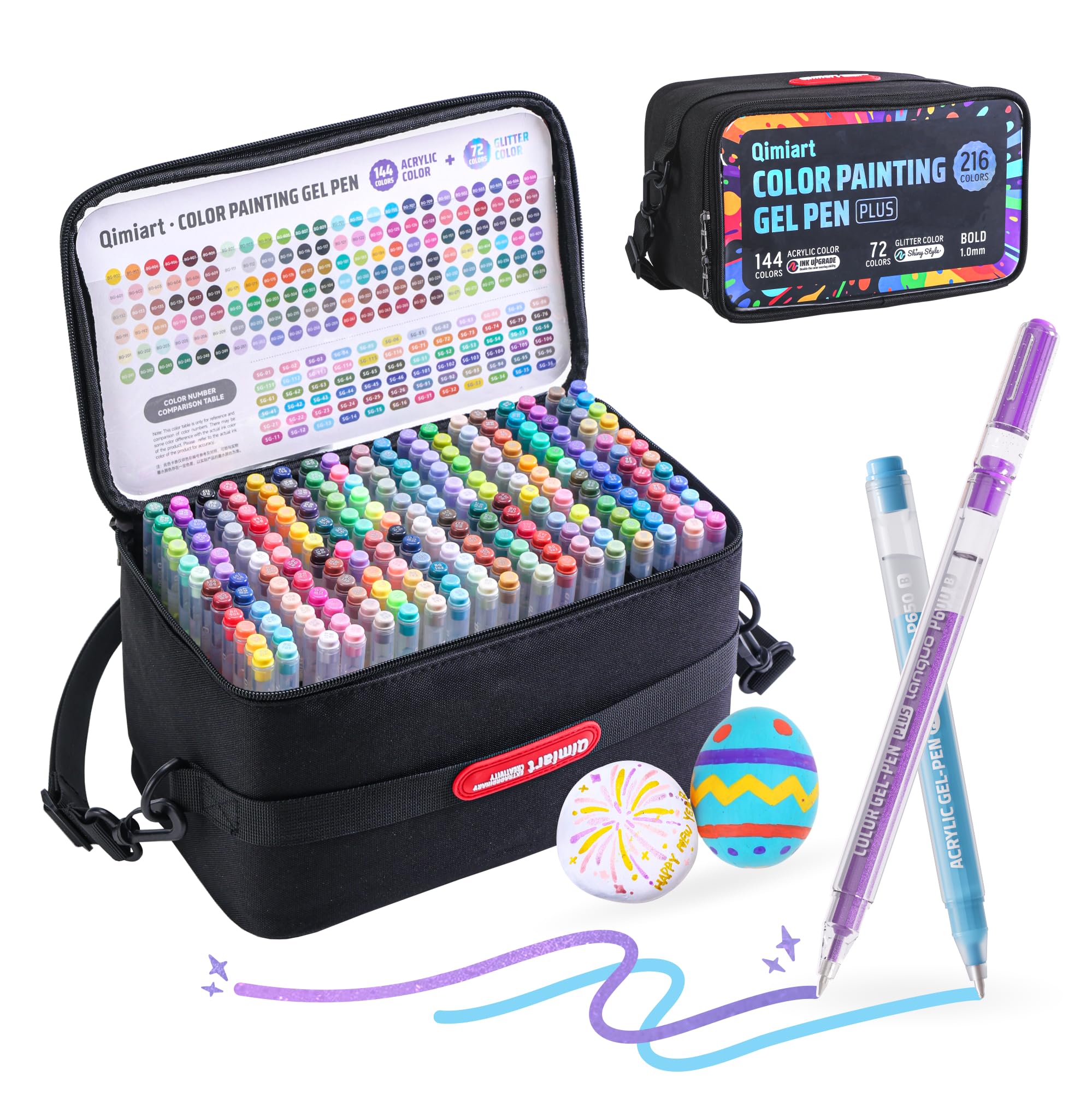 Qimiart 216 Colours Gel Pens for Colouring, Glitter Gel Pens Set with Travel Case, 1.0mm Gel Pens for Adult Colouring Books Drawing Doodling Journaling, Art Supplies and DIY Crafts