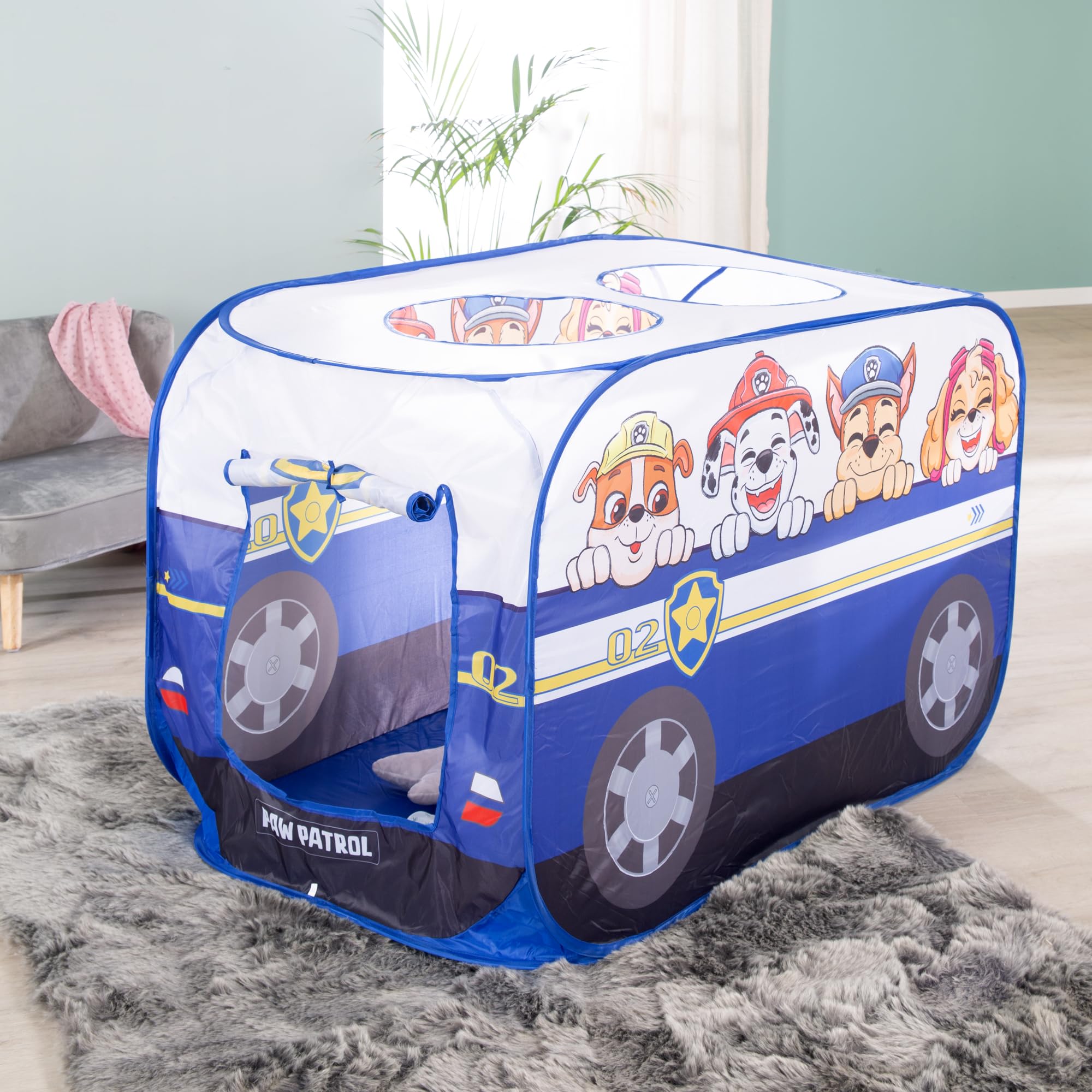 roba Paw Patrol Tienda de Juego - Carpa Infantil en Forma de Coche de Policía - Función Plegable + Bolsa de Transporte - Diseño de Perros Chase, Marshall, Rubble, Skye - Azul/Blanco