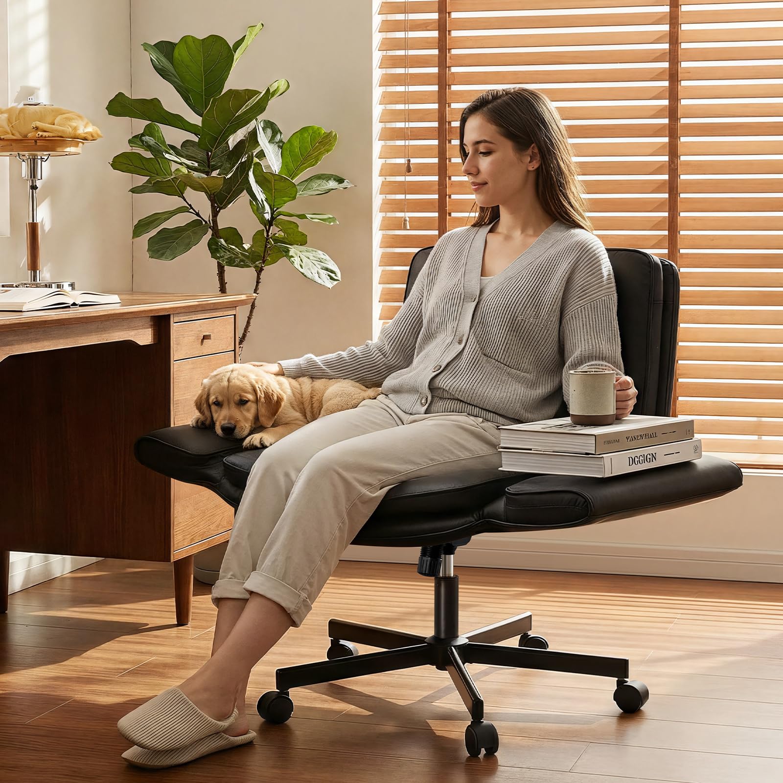 Ckaff Bürostuhl Ergonomisch mit 5-Stufig Verstellbare Armlehnen, Schreibtischstuhl mit Breitem Sitzkissen