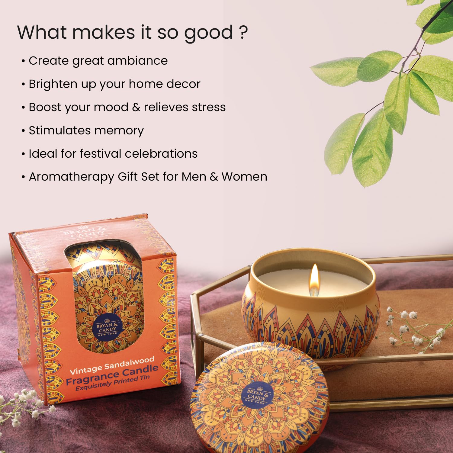 Bryan & Candy Duftkerzen Diwali Geschenkset für Frauen & Männer, Vintage Sandelholz Aromatherapie Kerzen, 100 g Sojawachs, umweltfreundlich bedruckte Dose