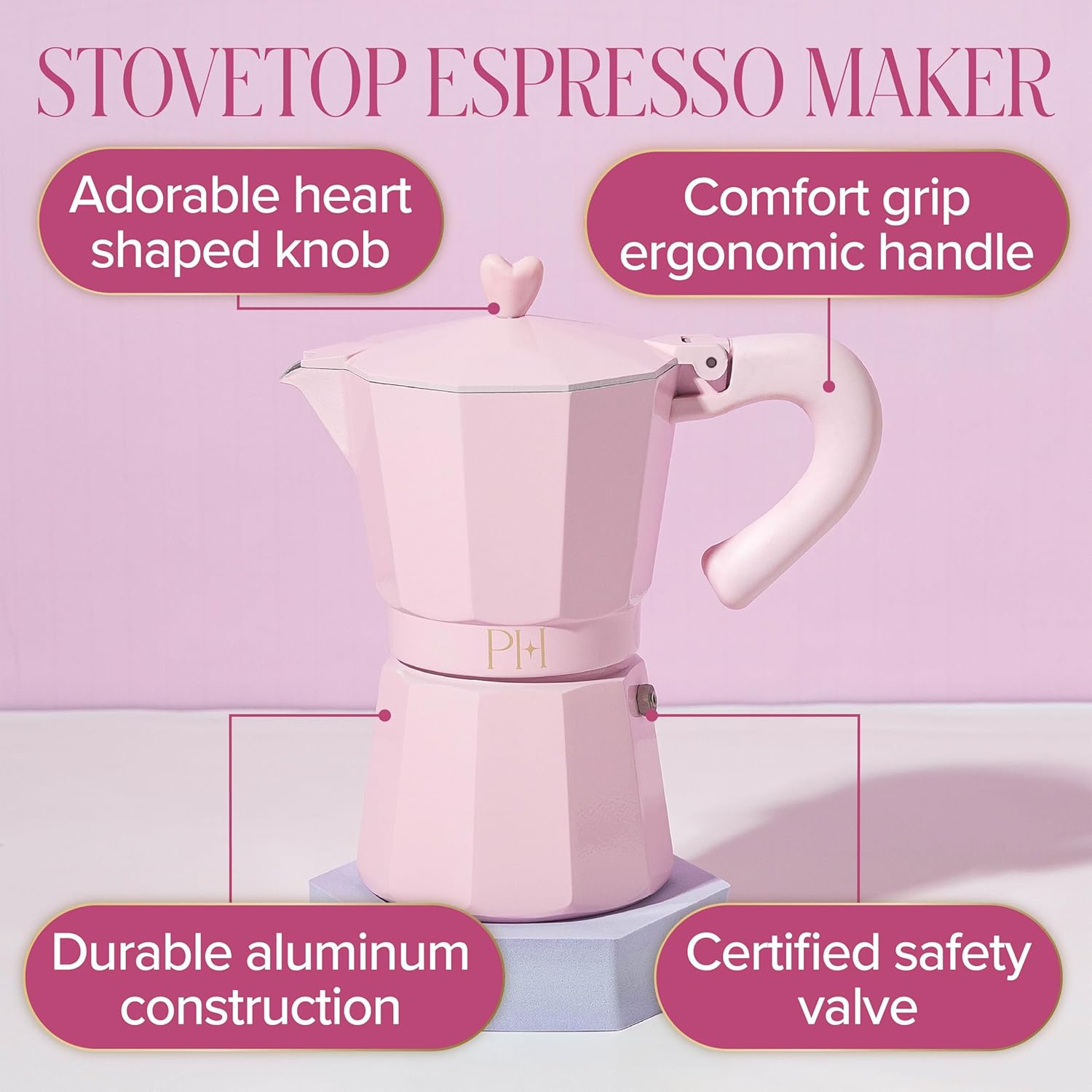 Paris Hilton Stovetop Espresso and Coffee Maker, Italian & Cuban Style Coffee Pot with Iconic Heart Knob, Perfect for Rich Aromatic Espresso, Makes up to 6 Espresso Cups, Pink