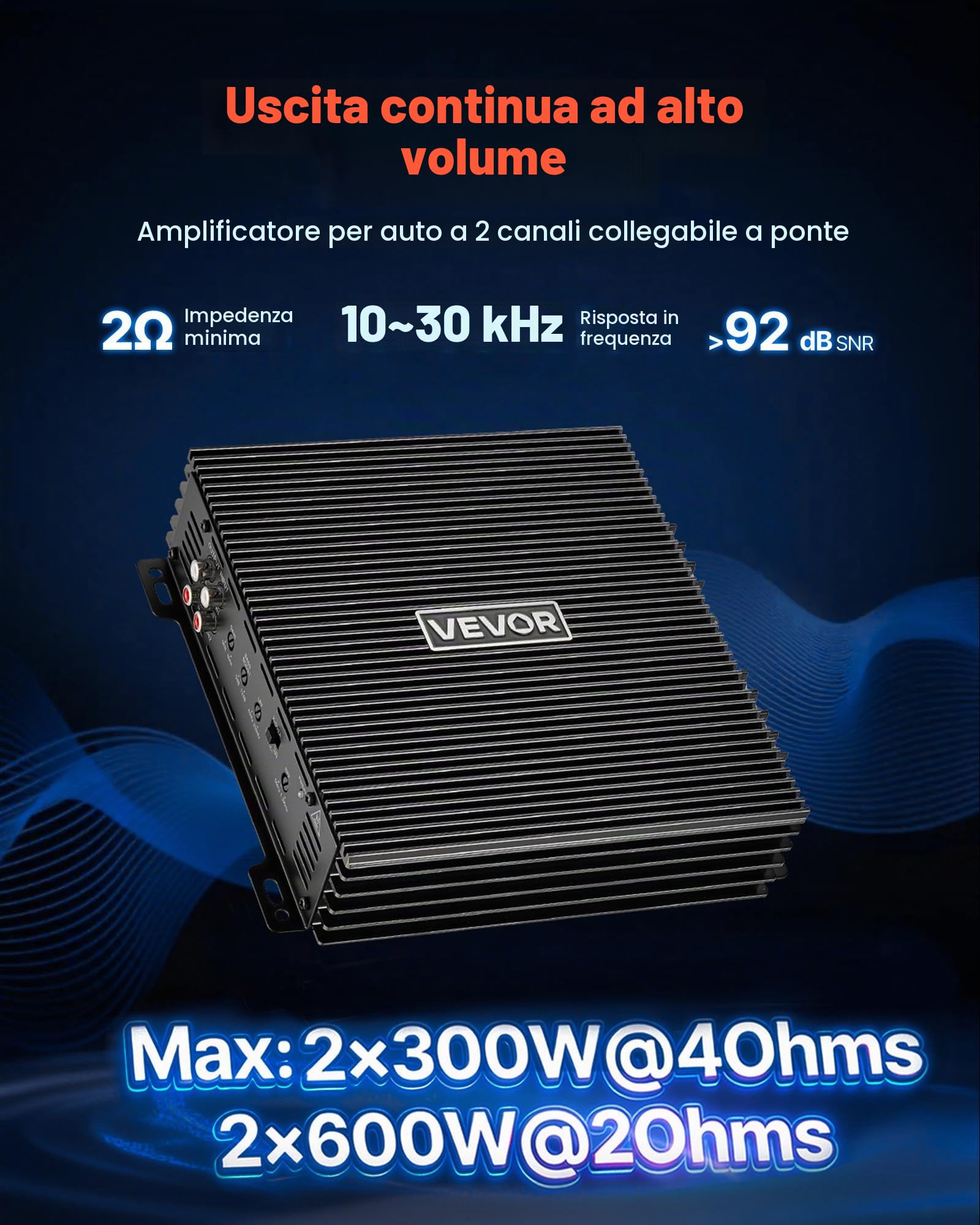 VEVOR Amplificatore Audio per Auto 2 Canali Potenza a Ponte Classe AB da 12V, Amplificatore per Auto Riduzione della Distorsione max. 2x300 W a 4 Ohm max. 2x600 W a 2 Ohm, Berline SUV Pick-Up
