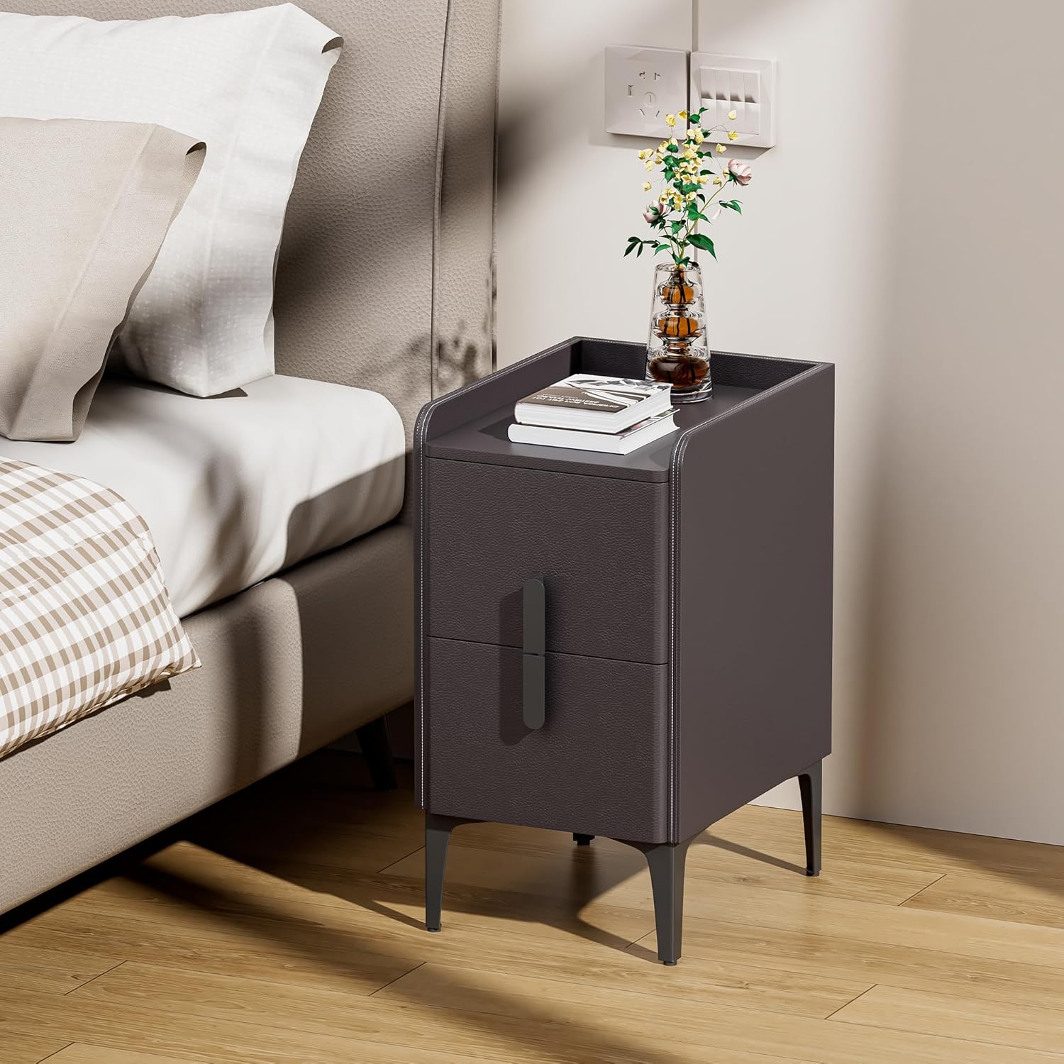 viciton narrow nightstand with 2 drawers, narrow side table leather surface, slim bedside table for bedrooms, study, living rooms, small space (dark gray, 15.7" d x 11.8" w x 22.4" h) dark gray large(11.8 inch)