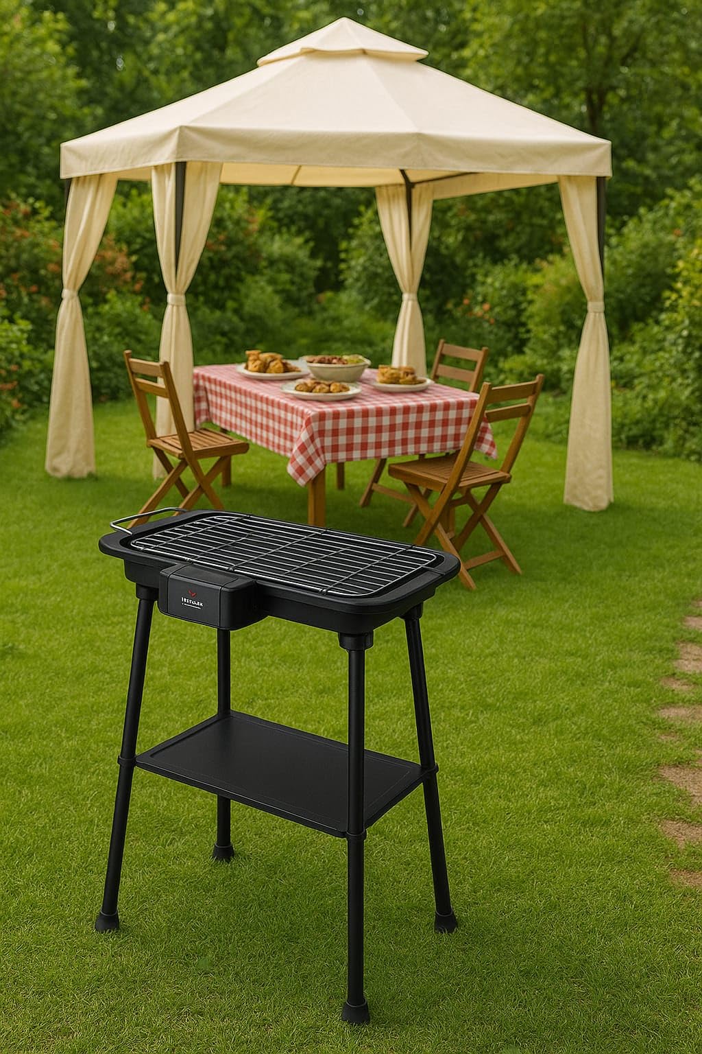 Griglia Elettrica con Supporto, Barbecue da Interno ed Esterno, Base Rimovibile con Gambe in Metallo, Nero, Griglia in Acciaio, Termostato Regolabile, BBQ, Potenza 2000W