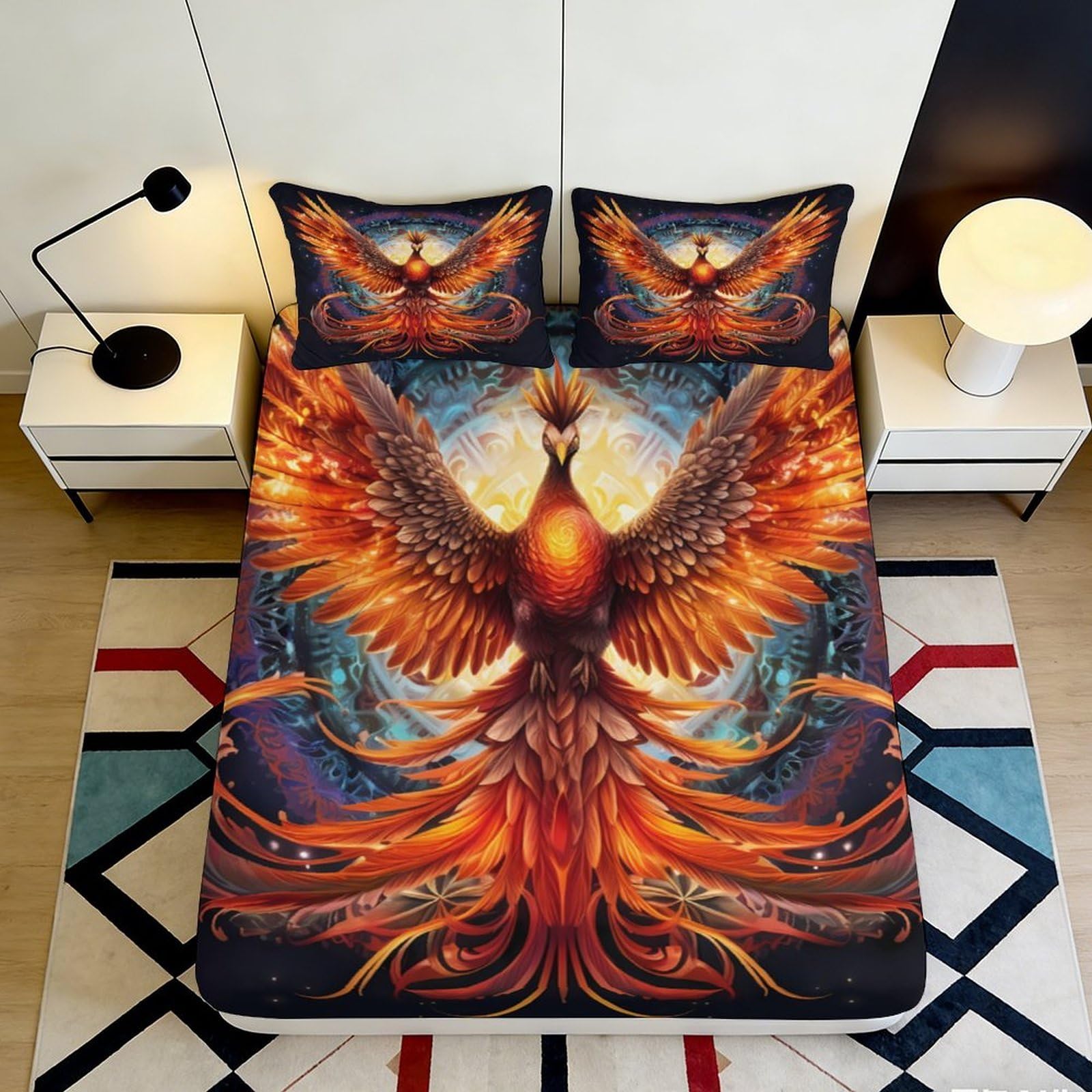 3D Printed Phoenix Fire Fitted Sheet Microfiber Soft Mattress Cover Abstract Flame Art for Bedroom Dorm Decor 160x200x25cm