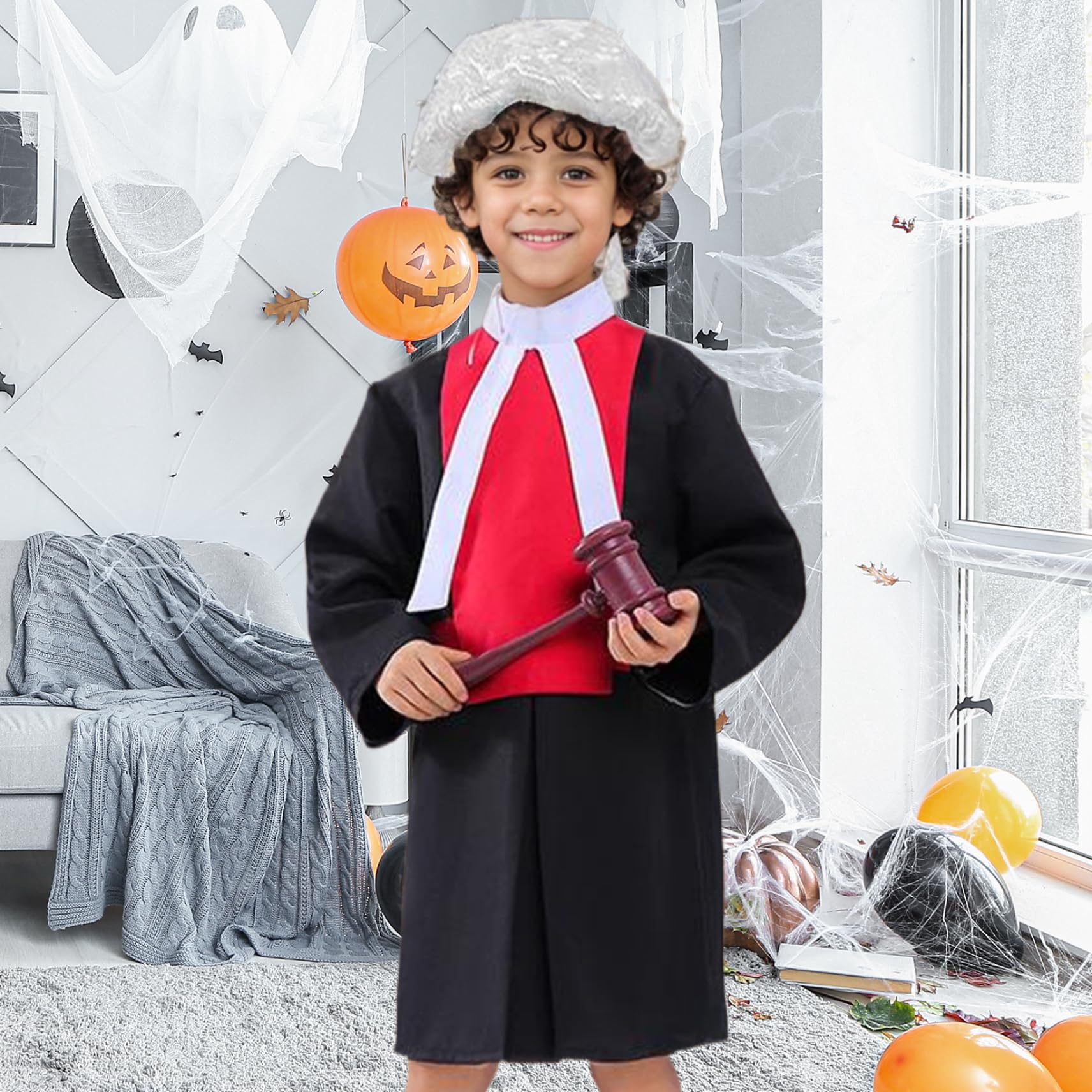 1 juego de disfraz de Halloween para niños, incluye bata de juez con cuello, mazo y peluca, disfraces de cosplay para niños