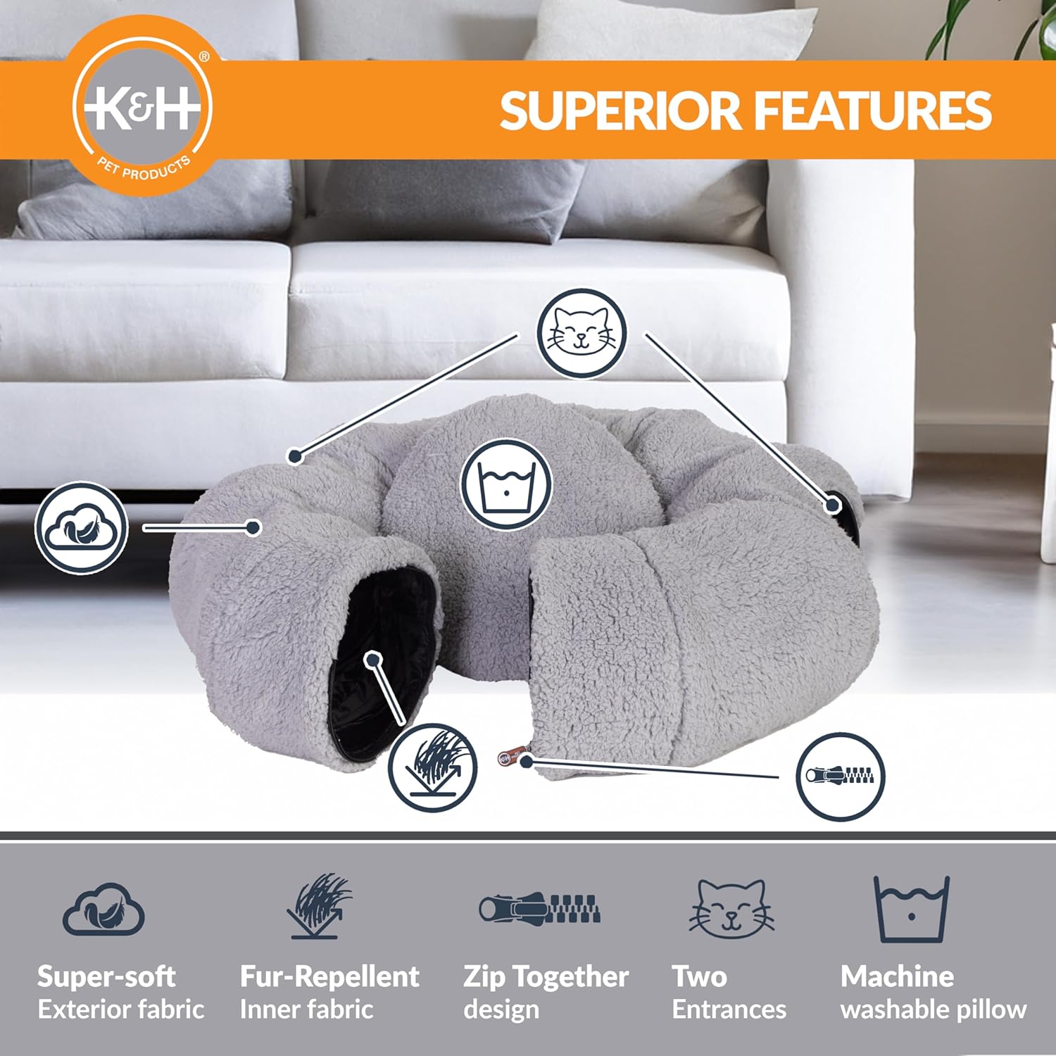 review K&H Pet Products Cat Tunnel Bed for Indoor Cats - Donut Tunnel Toy Tube Hideaway Cave with Round Circle Bed Plush Center for Large Cats to Play & Sleep