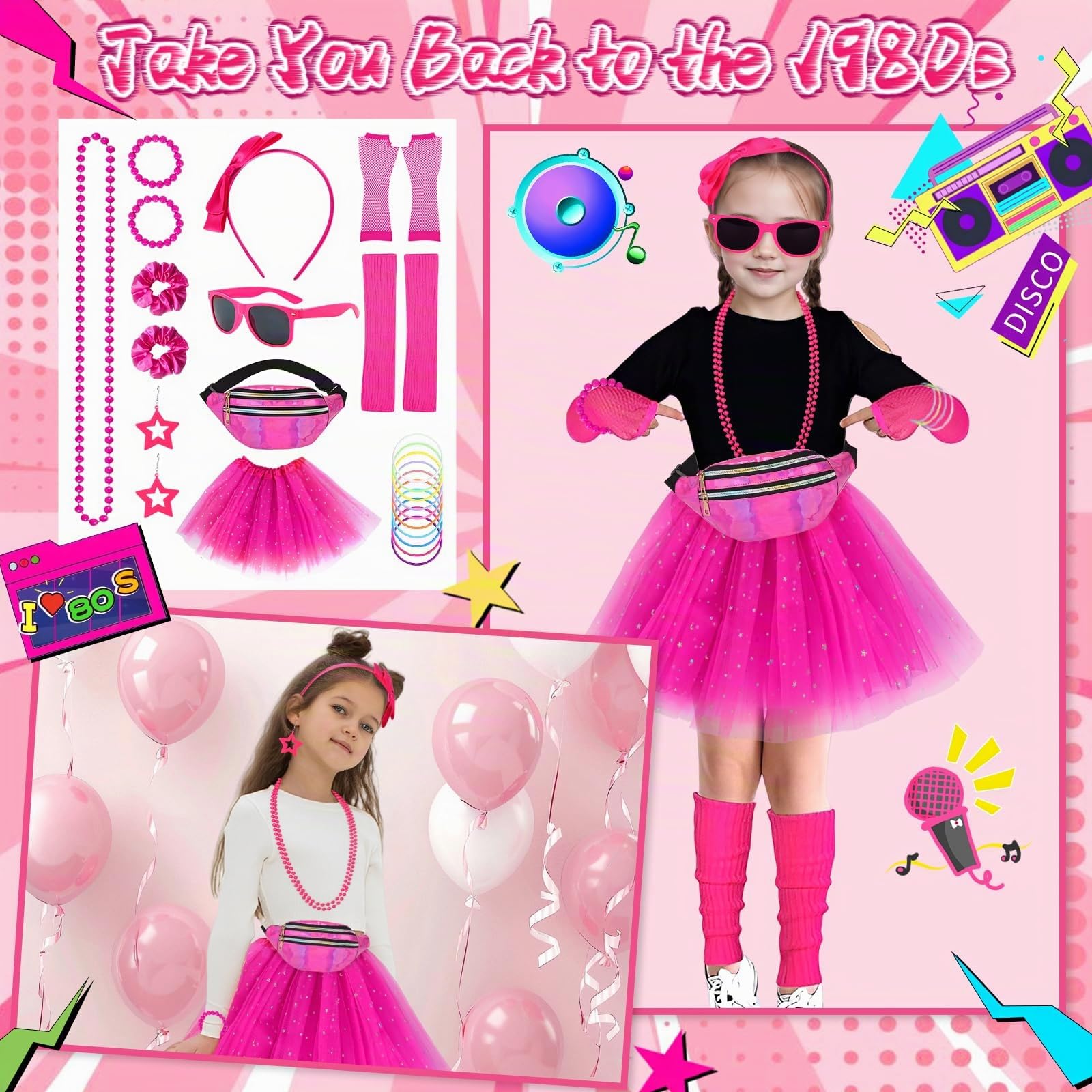 Juego de Accesorios de Disfraz de Los Años 80 para Niña, Vestimenta Retro con Tutú, Guantes de Red, Diadema con Lazo, Leggings, Collares, Pulseras y Gafas para Niña Fiesta Temática de los 80