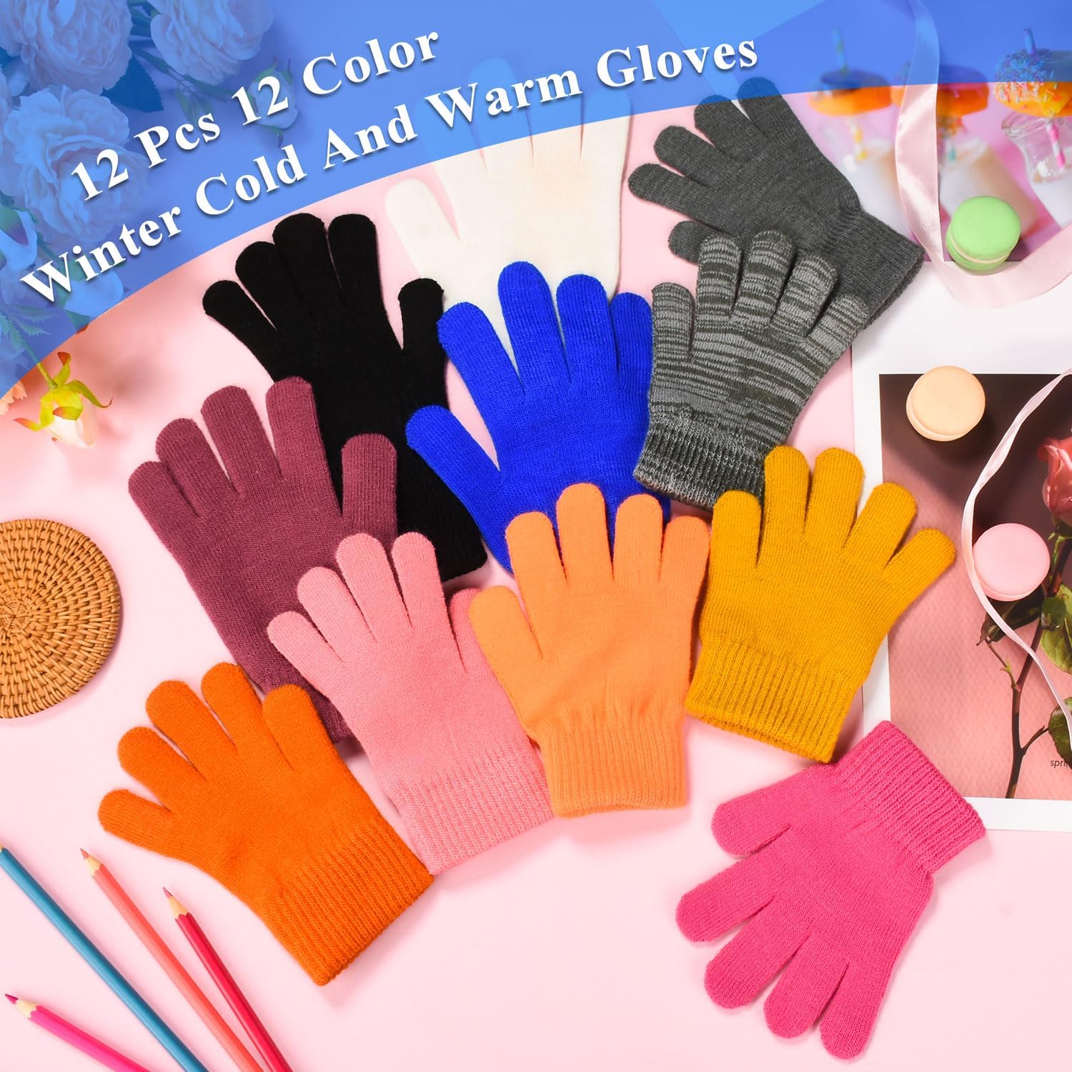 KXCOFTXI 12 Pairs Adult Winter Gloves, Kids Colorful Knit Gloves, 8 Color Mixed Loading, 2 Sizes, Bulk Cold Sports for Driving and Sports - Image 6