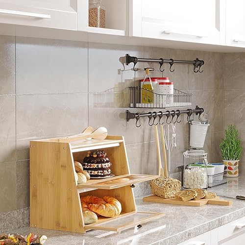 Miniatura 7 de K KELBEL Panera para encimera de cocina, contenedor de almacenamiento de pan de bambú de doble capa de madera de gran capacidad con soporte para pan