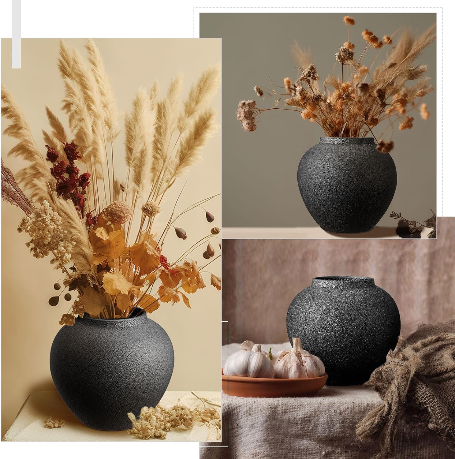 Mimorou Black Ceramic Decorative Flower Vase 8.27" x 8.66" Textured Round Rustic Pottery Vintage Large Vase for Home Decor Centerpieces Living Room Christmas Decoration - Image 6