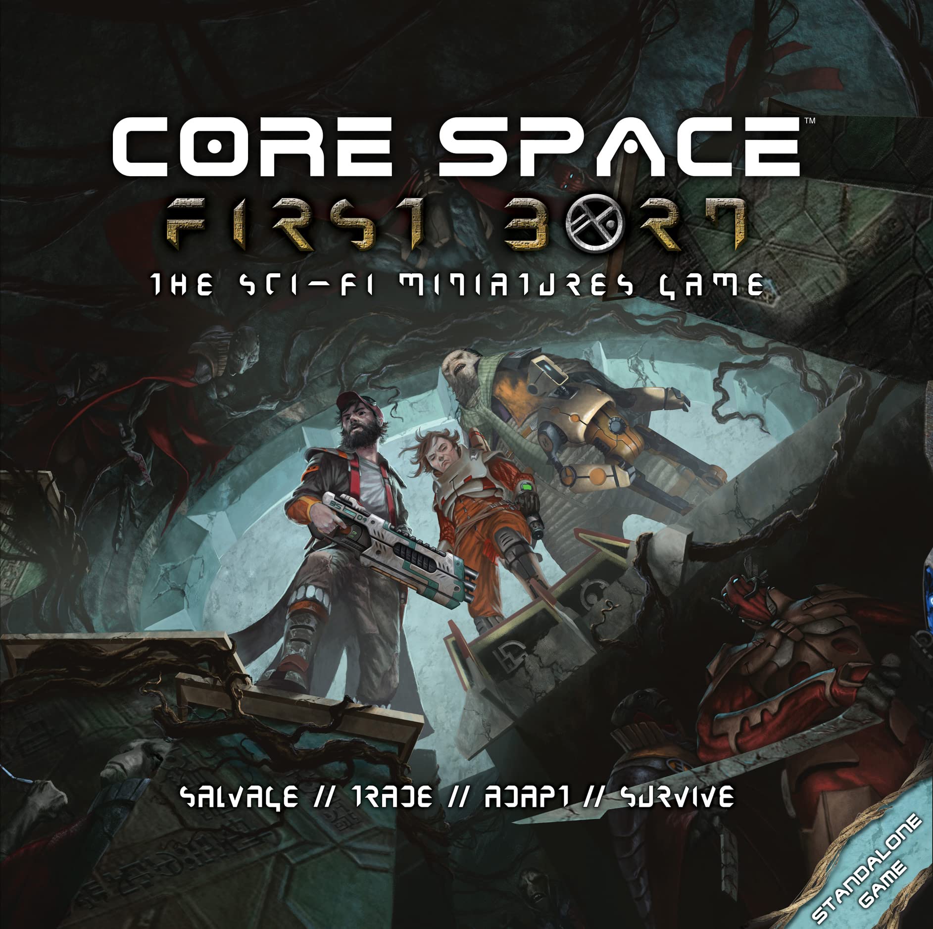 Battle Systems Core Space First Born - Miniatury science fiction gra planszowa - Cyberpunk 28 mm figurki science fiction do wojny 40K - modułowy teren do gier 3D - (zestaw startowy dla noworodków)