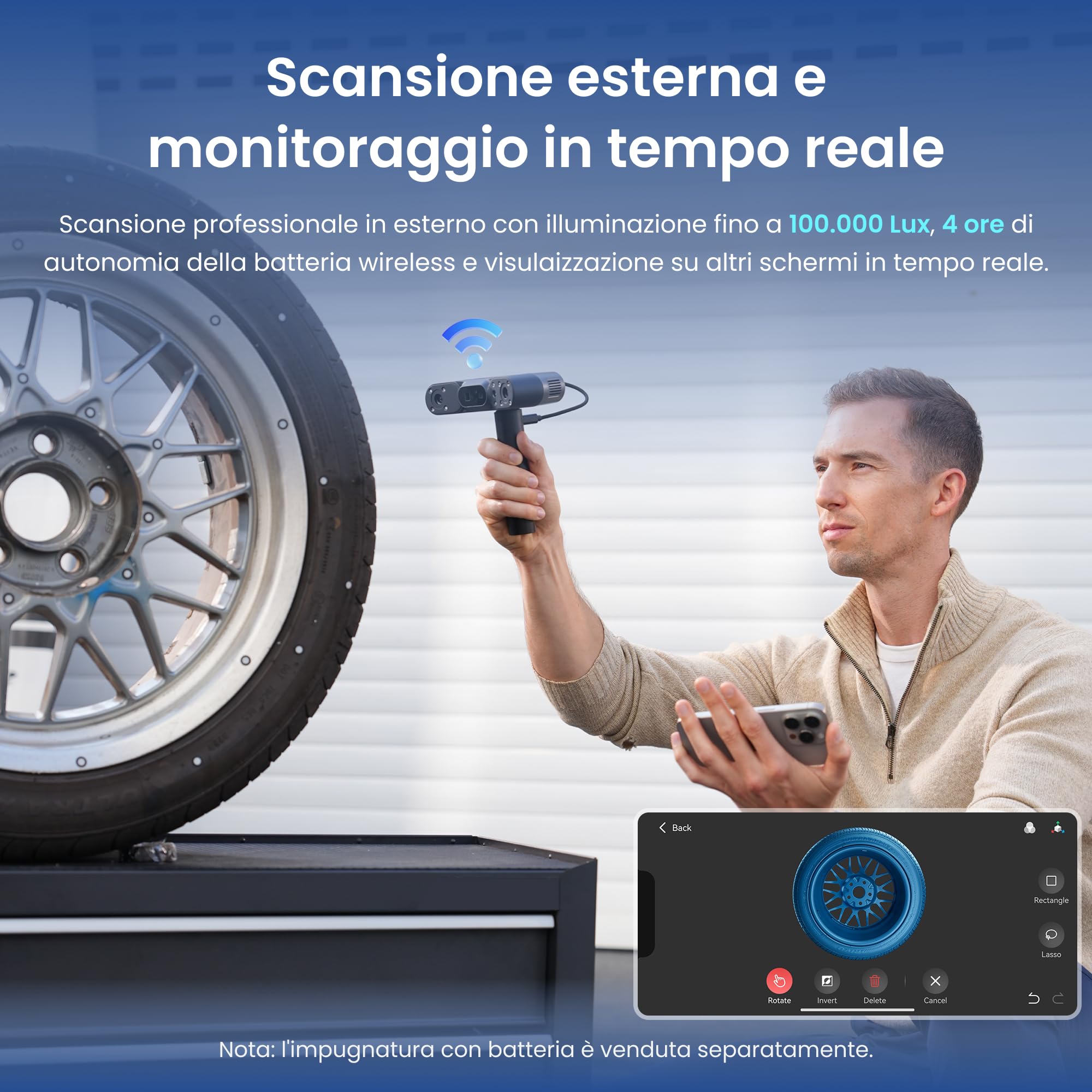 Revopoint Scanner 3D POP 4, laser blu,precisione 0,03 mm,105 fps, analisi AI e modellazione 3DGS, 5 modi di scansione, tracciamento anti-vibrazione, uso in esterna, WiFi 6, per stampa 3D, standard