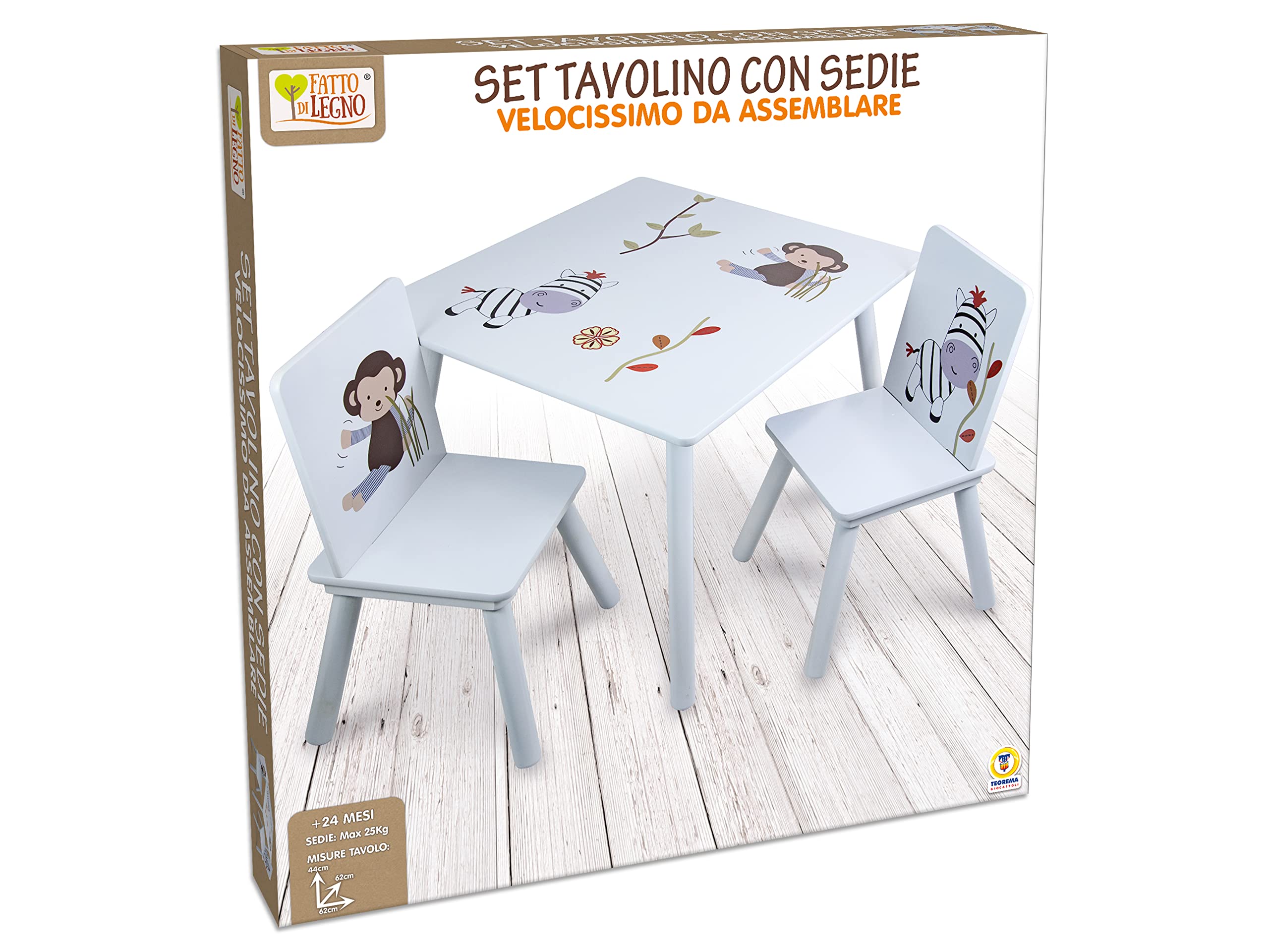 Teorema 40646 - Tavolino con 2 Sedie per bambini, in Legno, Dimensione: 59x59x45cm, Sedie Max. 25kg, con disegni di animali.