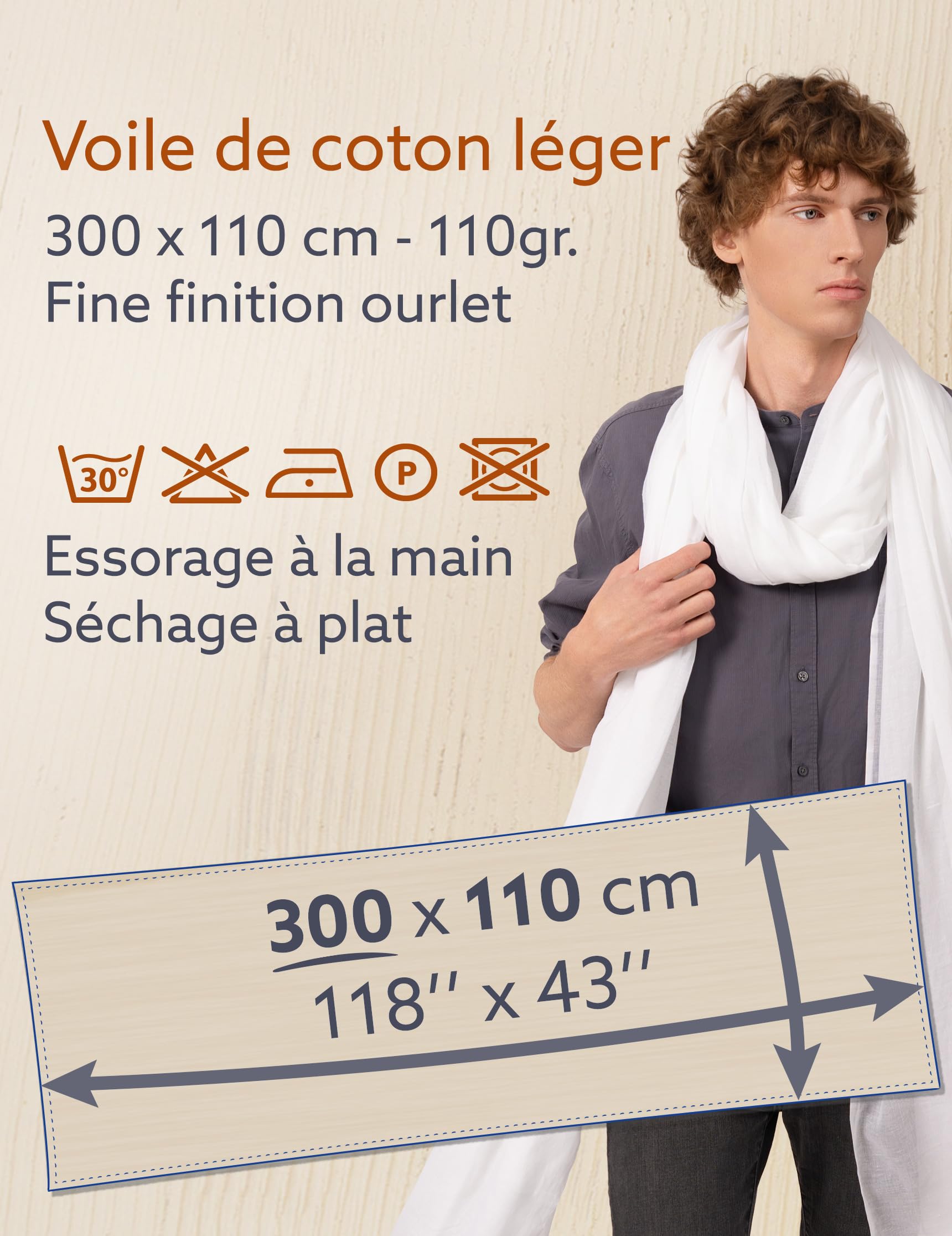 ALLEE DU FOULARD Chèche Long, Echarpe, Châle 100% Coton - Taille 110 x 300 cm - Chèche Nomad Femme et Homme Longueur 3 Mètres - Baroudeur top confort