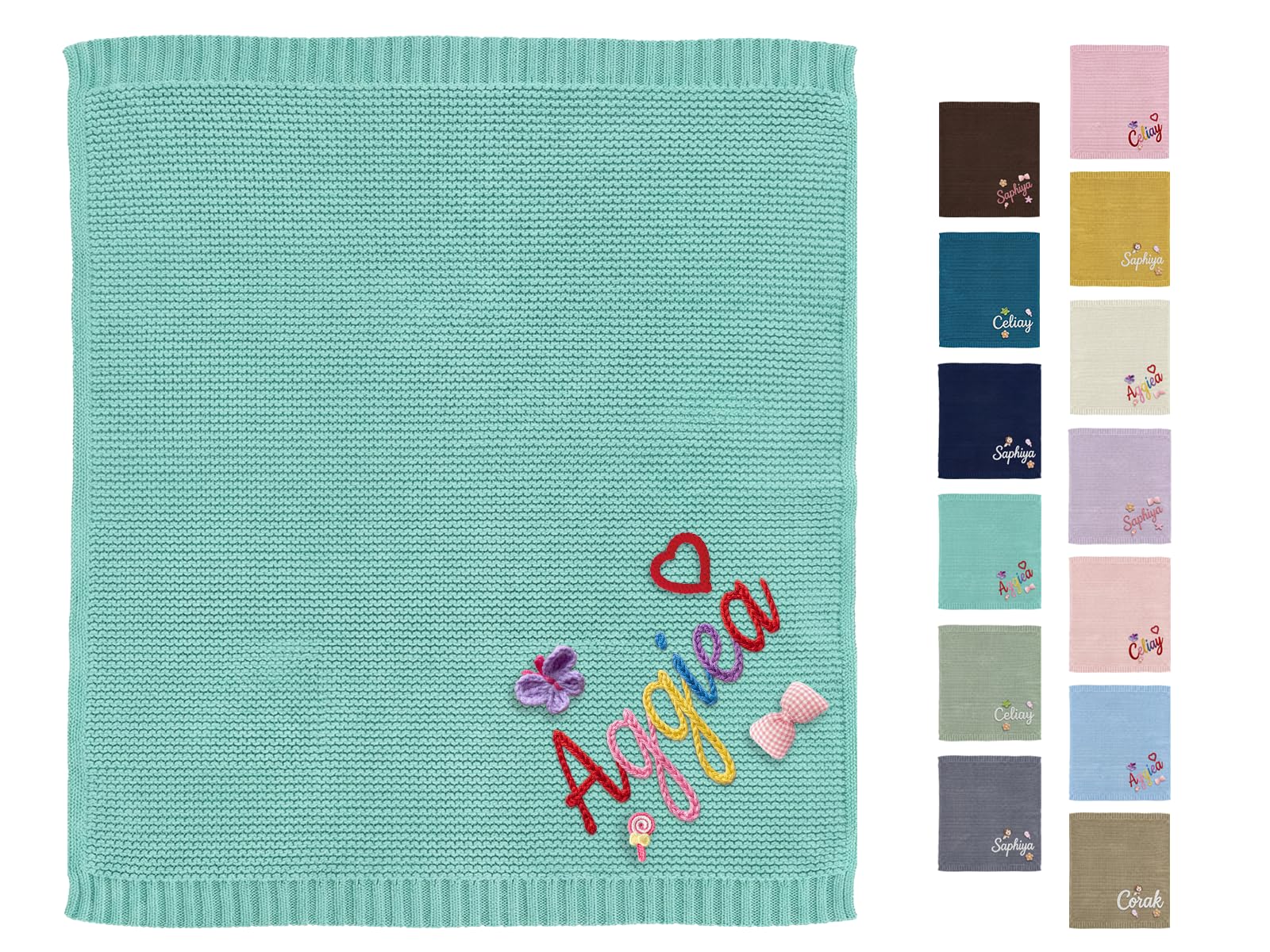 CGFN Personalised Baby Blanket with Name for Newborn Boys & Girls, Pure Knitted Cotton, Unique Christening, Soft Keepsake Blanket 100x80cm (Green)