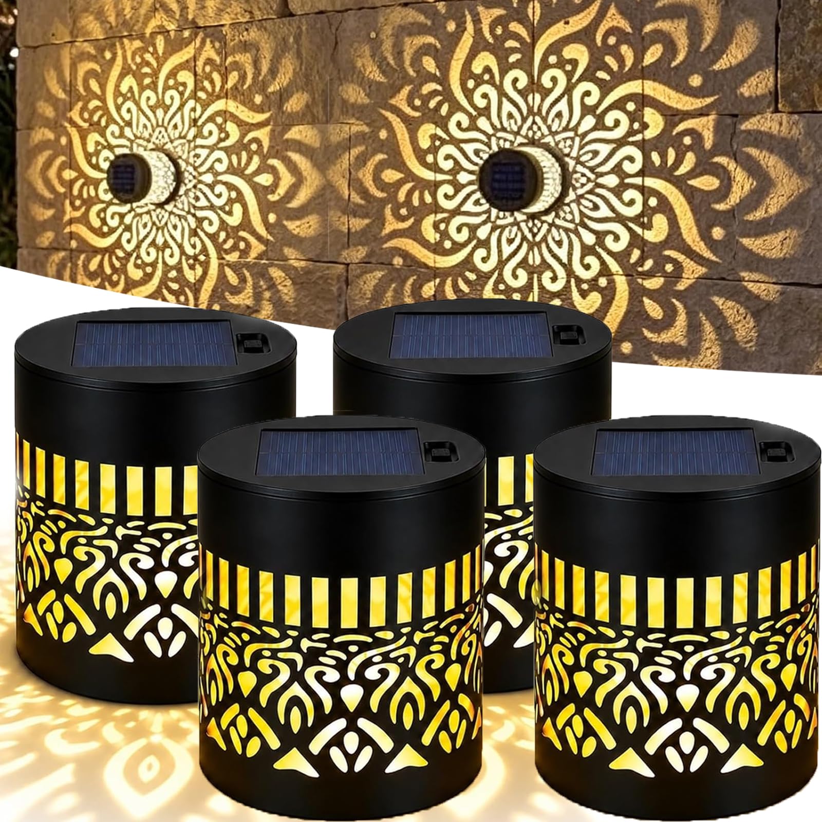 Solar Mandala Wall Lights Seven-Color Changing, Ip65 Waterproof Auto Mandala Solar Fence Lights, Decorative Outdoor Garden Fence Projector Lamp ，Warm Light：4PCS