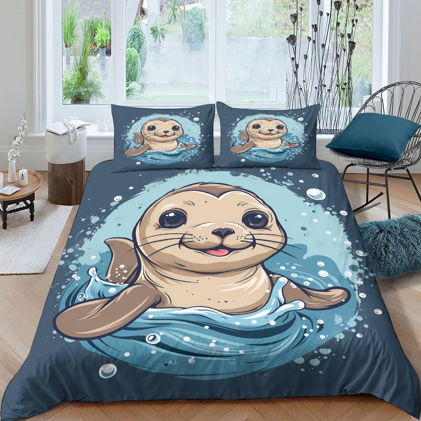 Ctjqhvkz Style-9 3D Printed Cute Seal Fitted Sheet Microfiber Soft Blue Marine Cartoon Mattress Cover For Bedroom Dorm Easy Care Decor Single（135X200cm）