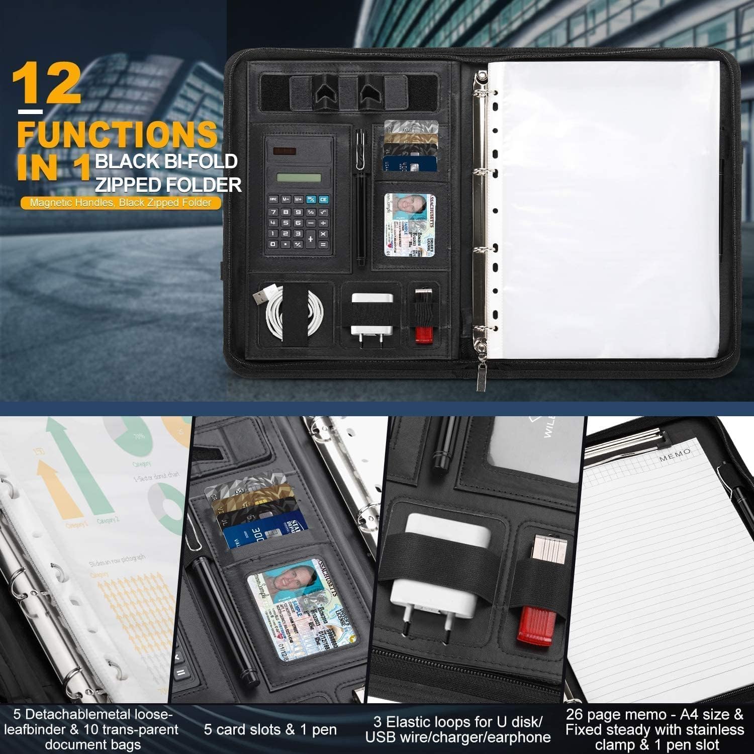 Cartella portadocumenti A4 in pelle con calcolatrice, raccoglitore ad anelli, manici magnetici pieghevoli, supporto tablet e smartphone