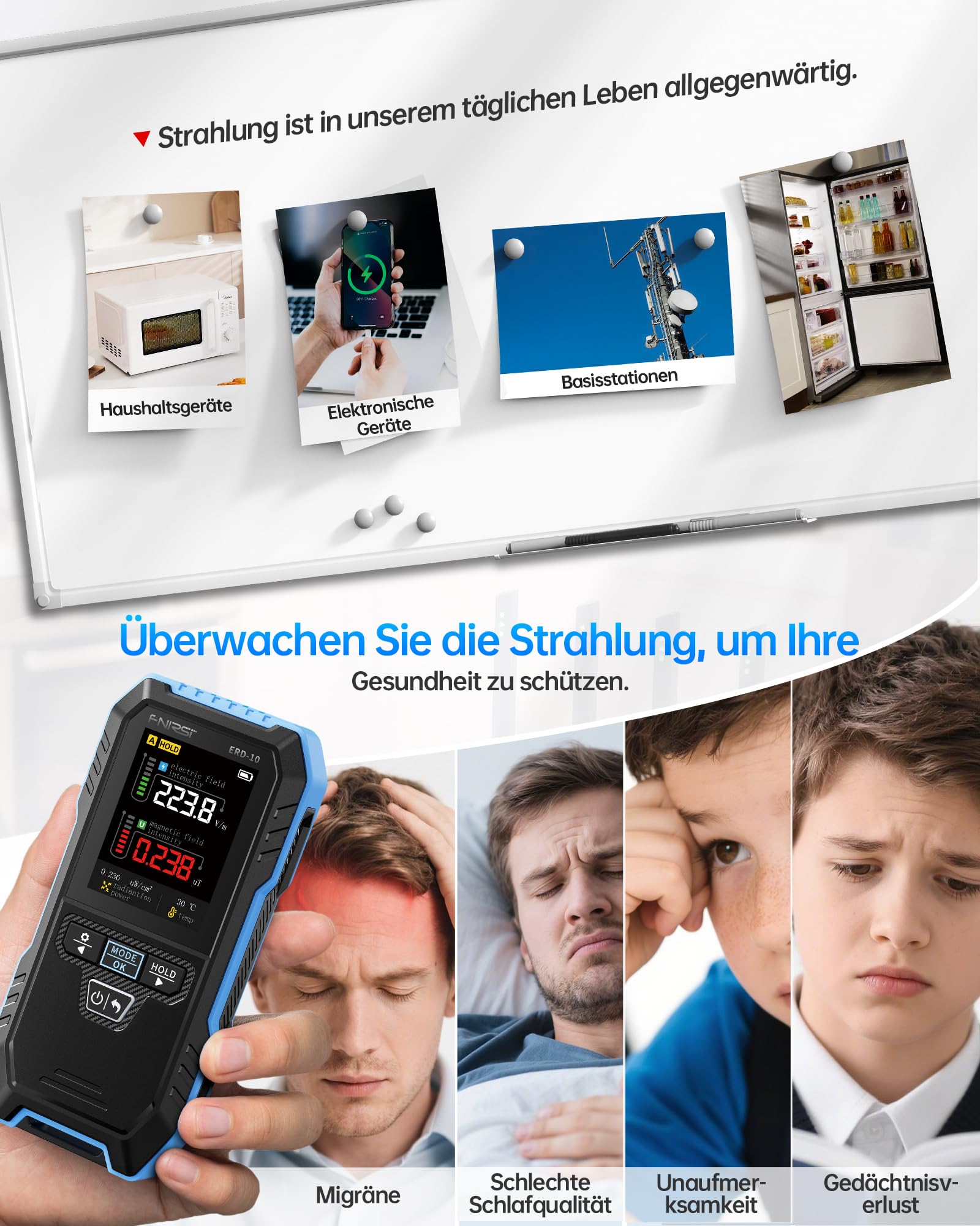 FNIRSI ERD-10 EMF Messgerät Strahlungsdetektor, 4-in-1 Digitaler Elektromagnetische Handgehaltener mit Kurvenmodus, wiederaufladbares EMF Detector für Home EMF Inspektionen, Büro und Außenbereich