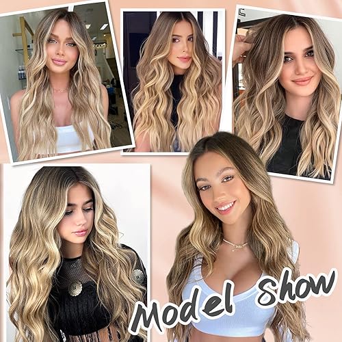 Miniatura 6 de NAYOO Peluca rubia ondulada para mujer, pelucas rubias de 26 pulgadas de largo para mujeres blancas, pelucas rubias ombré de aspecto natural, peluca