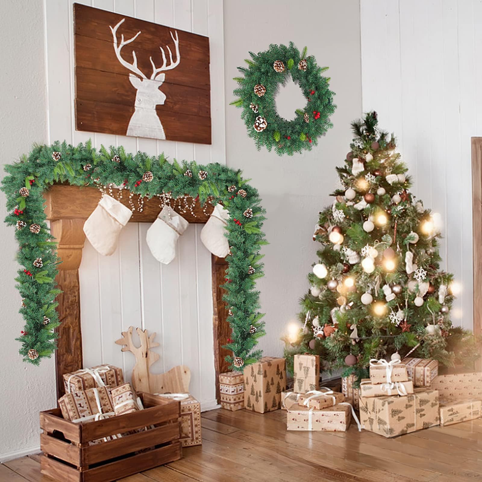 LZQ 5m Girlande Weihnachten Weihnachtsgirlande mit Beleuchtung, Weihnachtsdeko Girlanden mit Roten Beeren und Tannenzapfen, Tannengirlande für Innen und Außendekoration von Türen, Wänden und Treppen